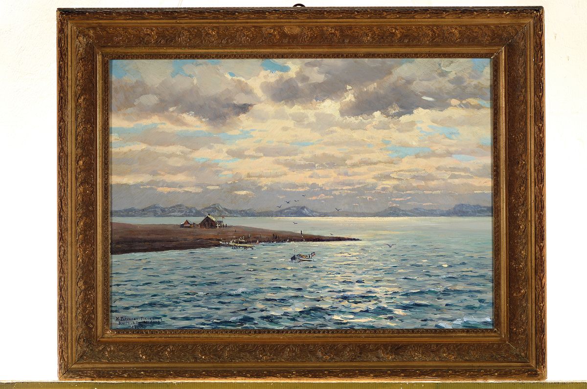 Detail k: Heinrich Petersen-Flensburg, Aahus 1861 - 1907 Kaiserwerth, "Adventhai Spitzbergen", rückseitig betitelt und bezeichnet, Öl/Lwd, li. u. ...
