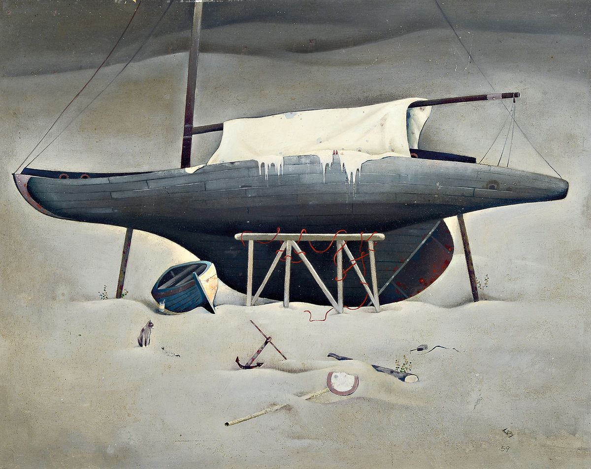 Günther Blau, 1922 Elberfeld - 2007 Marburg,, Öl/Malplatte,"Graue Barke", dat.59, der Künstler studierte in München und Karlsruhe und ...