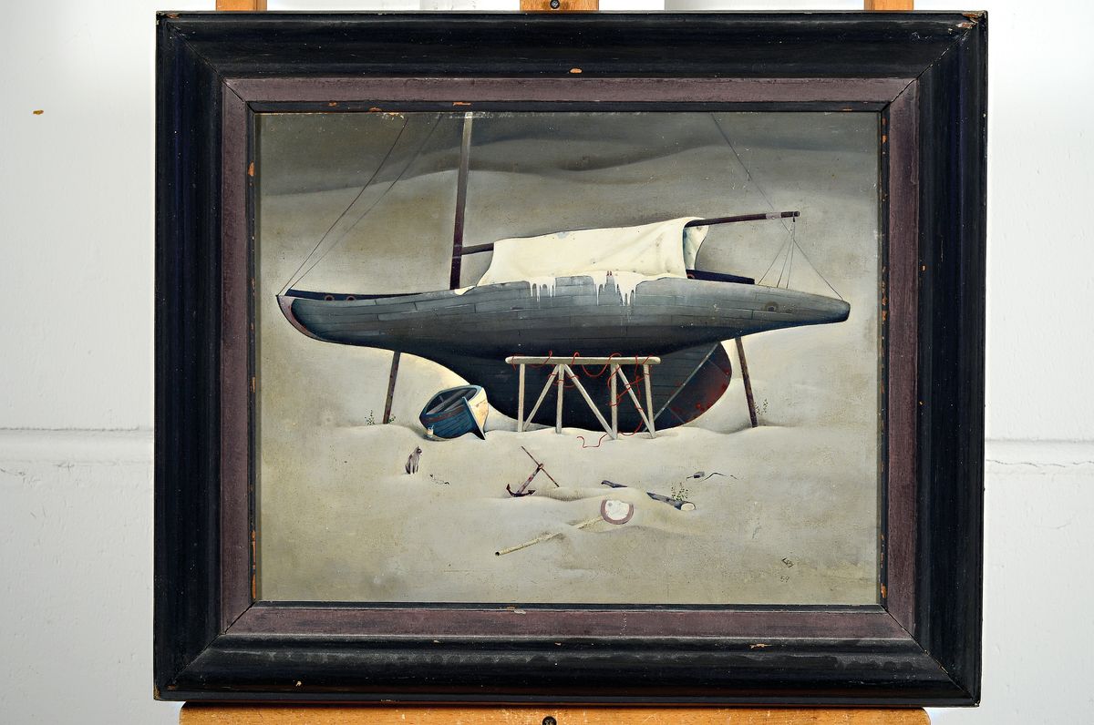 Detail k: Günther Blau, 1922 Elberfeld - 2007 Marburg,, Öl/Malplatte,"Graue Barke", dat.59, der Künstler studierte in München und Karlsruhe und ...