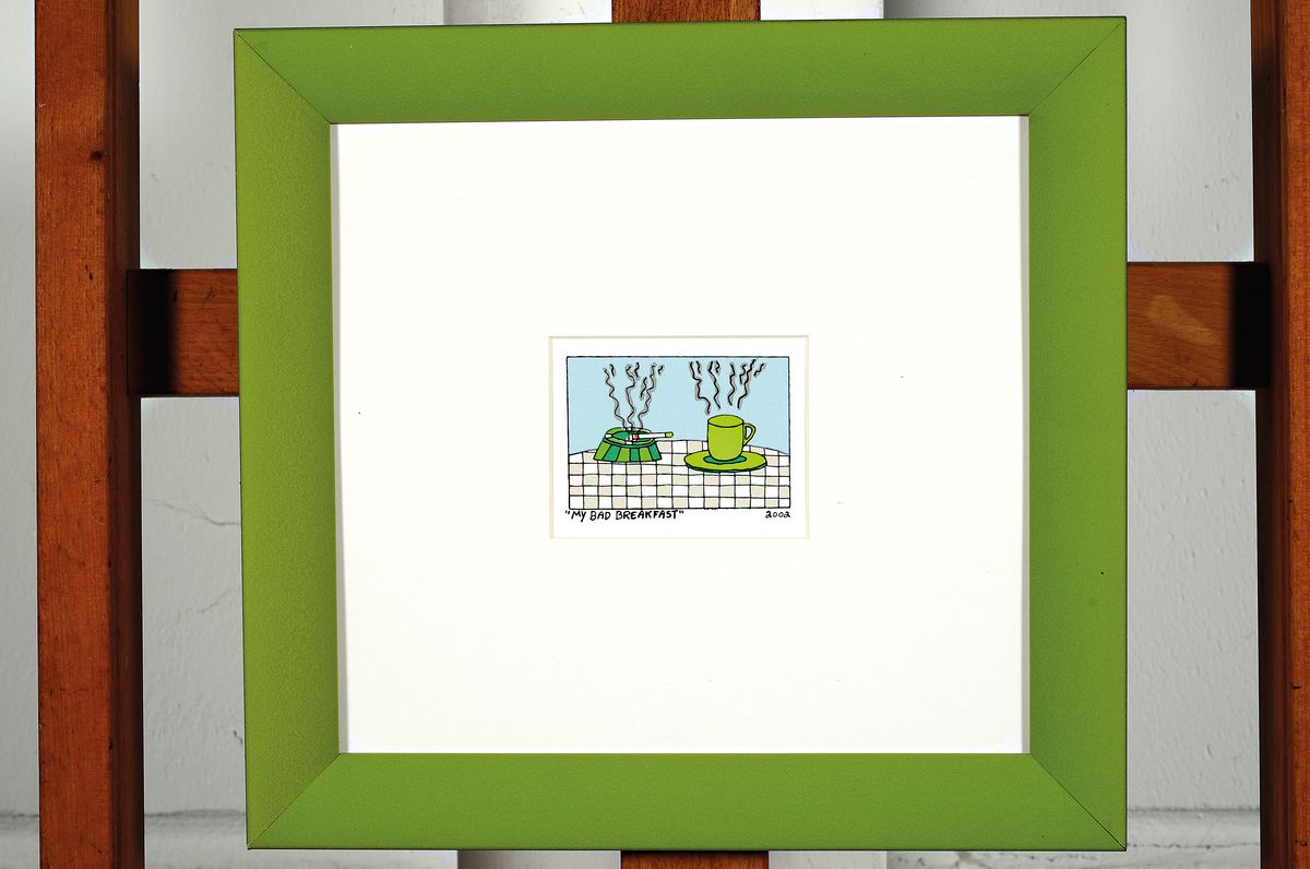 Detail k: James Rizzi, 1950-2011, "My Bad Breakfast", Lithografie, dat. 2002, unter Glas, Motiv ca. 5,5x7,5 cm