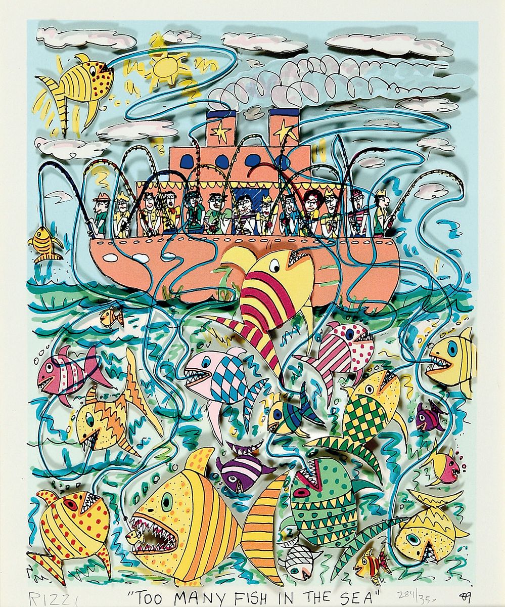 James Rizzi, 1950-2011, 3D-Konstruktion, "Too many fish in the See", num. 284/350, handsign., dat.89, unter Glas, Motiv ca. 25x20 cm, ...