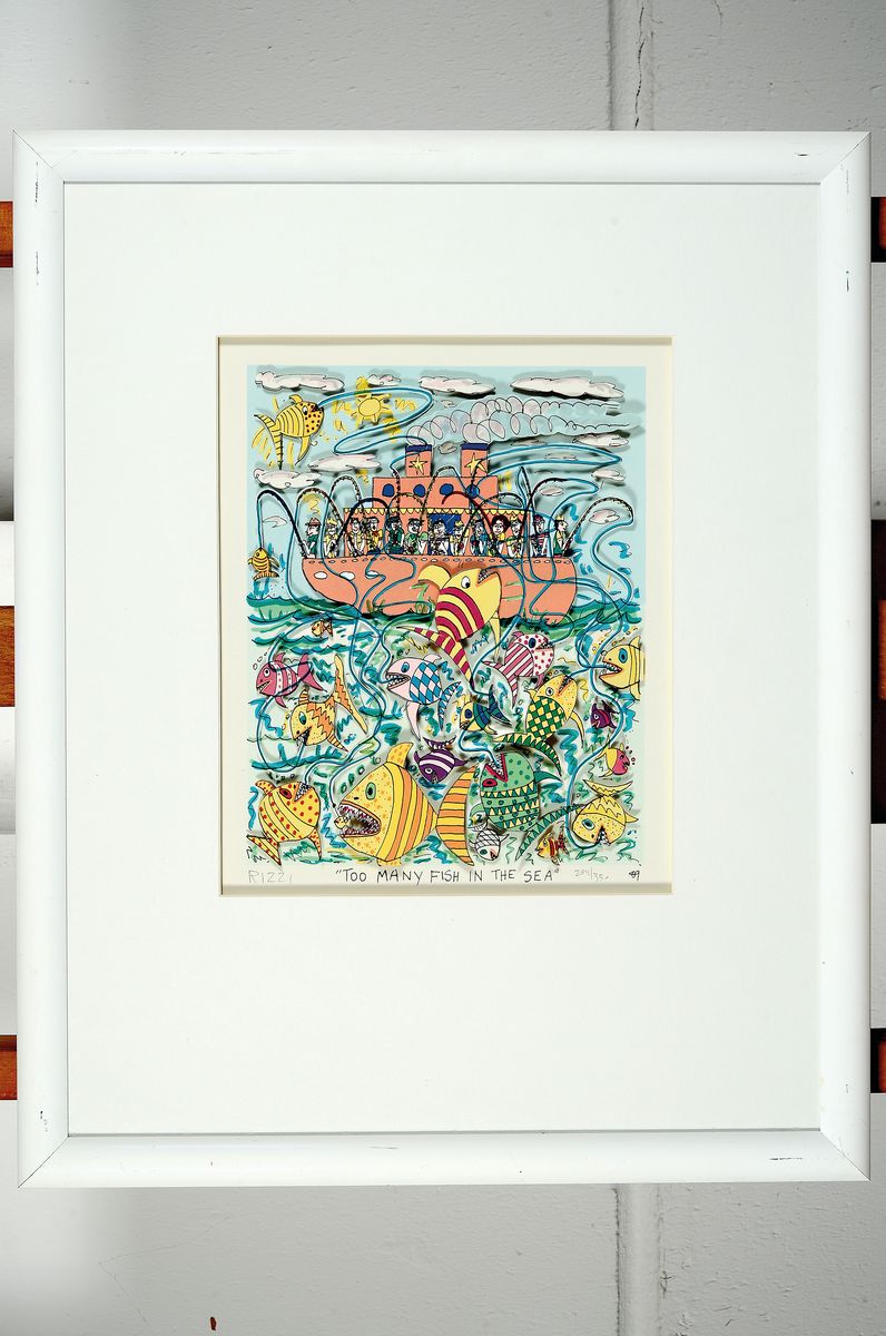 Detail k: James Rizzi, 1950-2011, 3D-Konstruktion, "Too many fish in the See", num. 284/350, handsign., dat.89, unter Glas, Motiv ca. 25x20 cm, ...