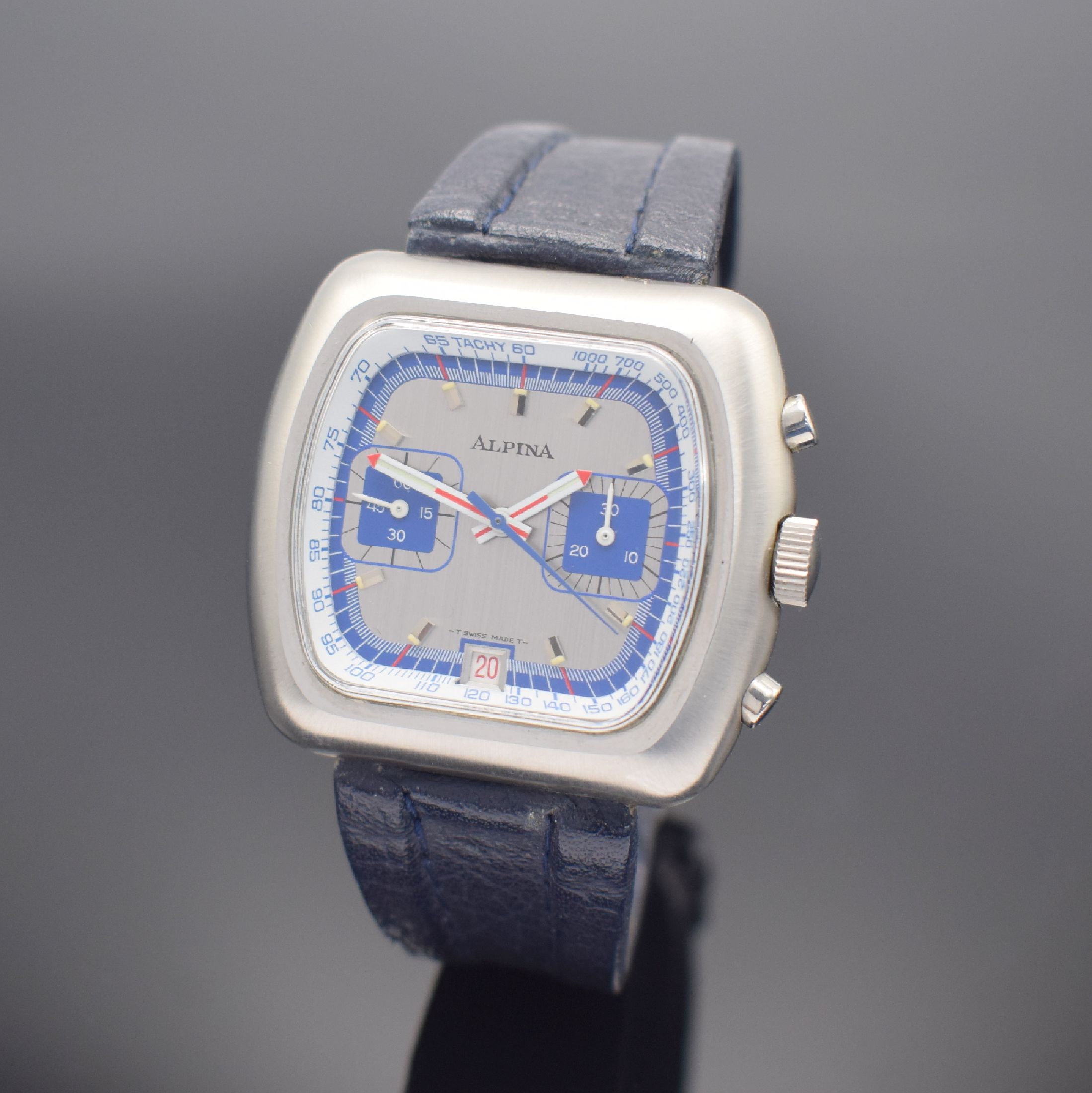 ALPINA Armbandchronograph, Schweiz um 1972, Handaufzug, Edelstahlgeh. inkl. orig. Lederband, Boden verschr., silber/blaues Zifferbl. m. aufgel. ...