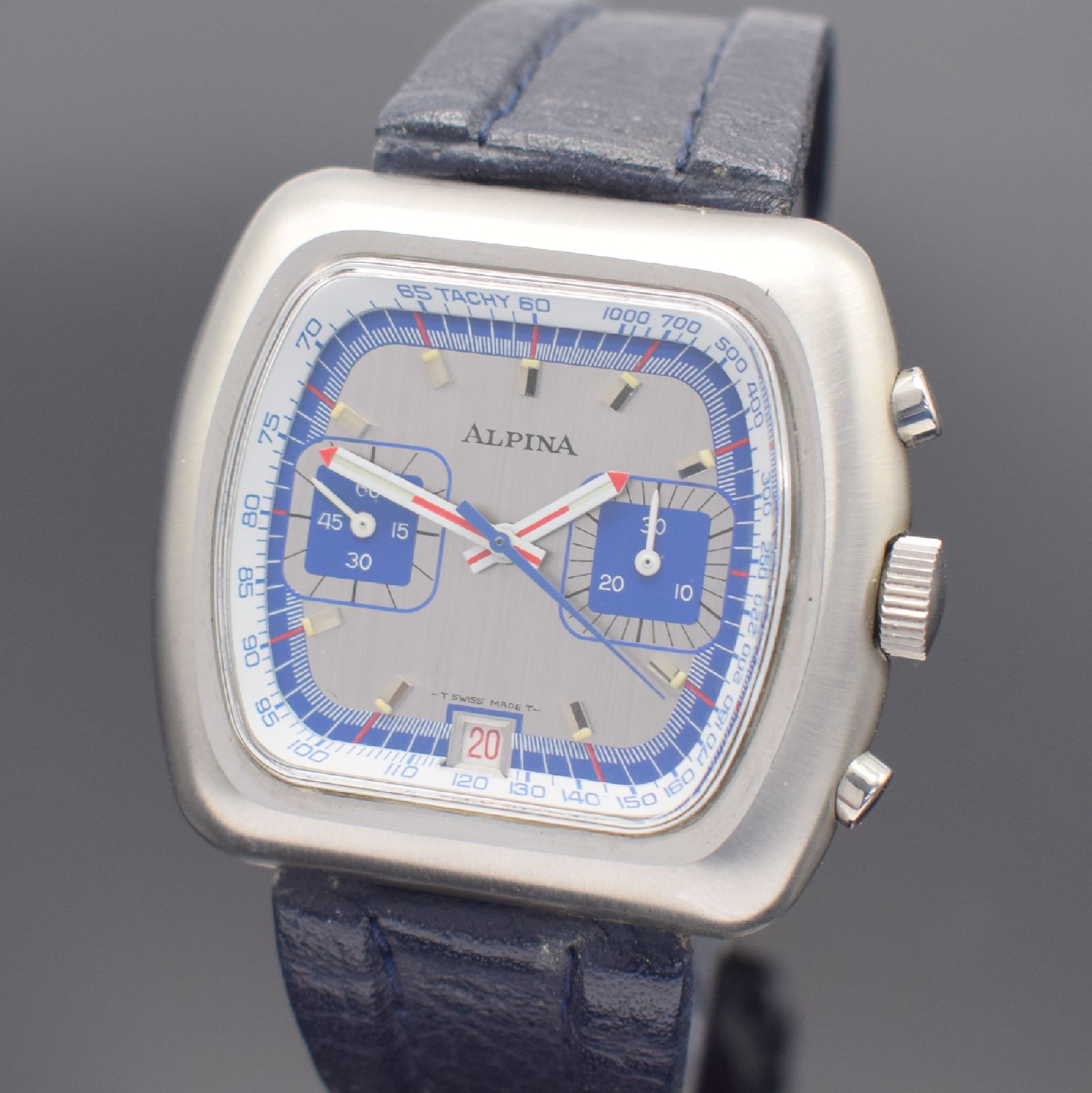 Detail a: ALPINA Armbandchronograph, Schweiz um 1972, Handaufzug, Edelstahlgeh. inkl. orig. Lederband, Boden verschr., silber/blaues Zifferbl. m. aufgel. ...