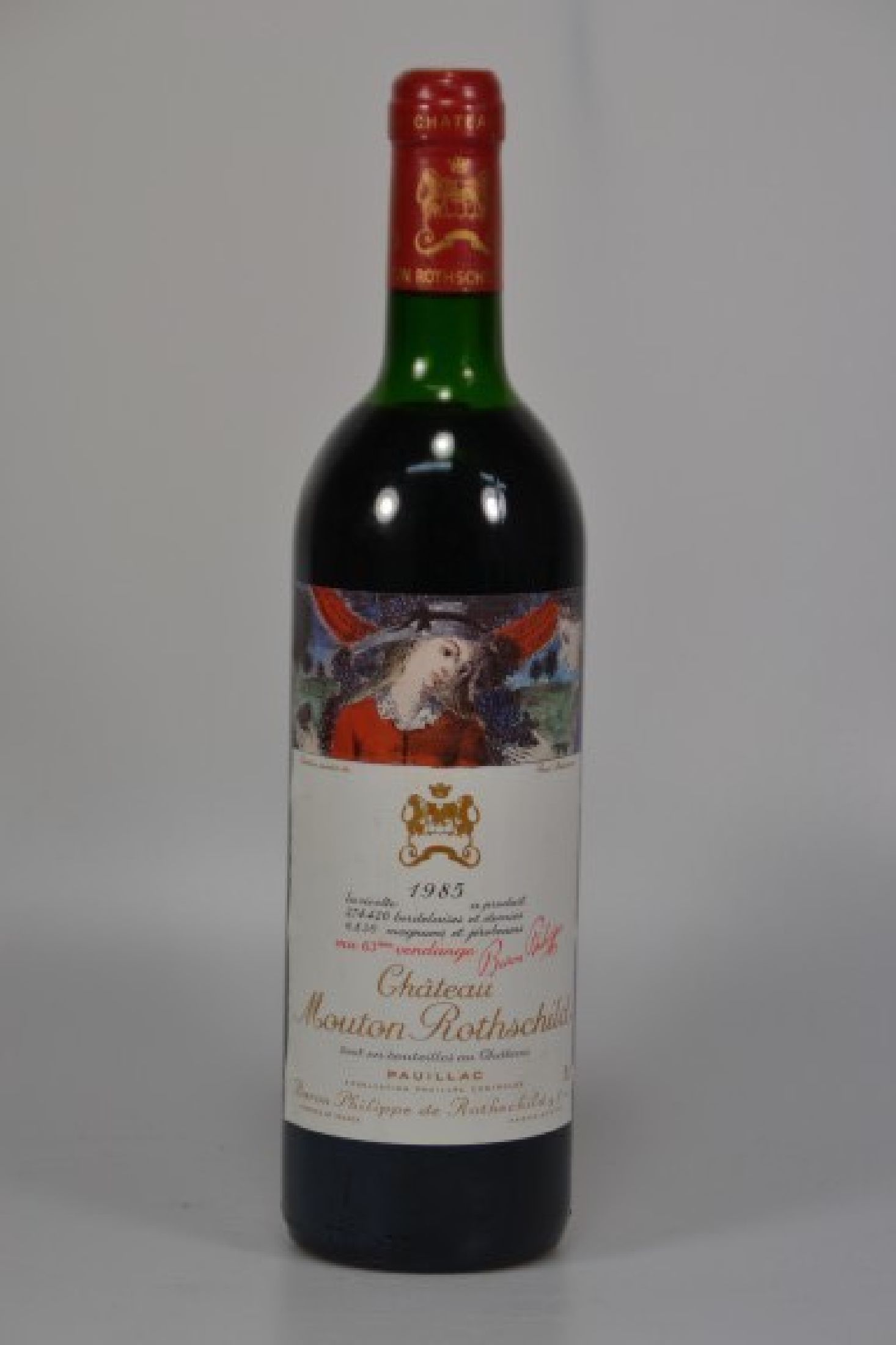1 Flasche 1985 Chateau Mouton Rothschild, Pauillac, 750ml, 12,5% Vol., unverkostet, Etikettgestaltung: Bernard Sejourne, 92 Parker-Punkte, laut ...