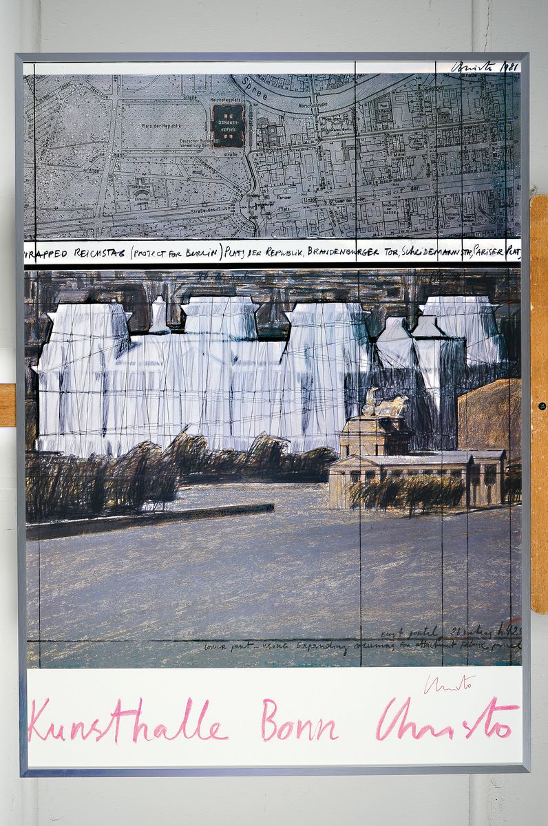 Detail k: Christo, 1935-2020, Offset-Lithografie, handsign., Kunsthalle Bonn 1983, unter Plexiglas gerahmt, gesamt ca. 85,5x60 cm