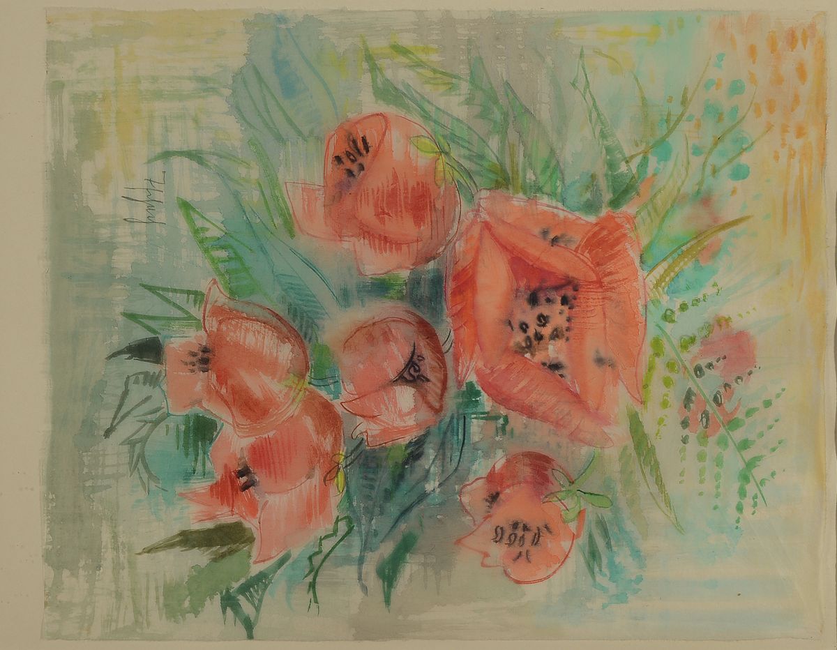 Willi Tschech, 1891 - 1975, Aquarell auf dünnem Büttenpapier, Blumenstillleben, signiert, ca. 50 x 41 cm, unter Glas, Rahmen
