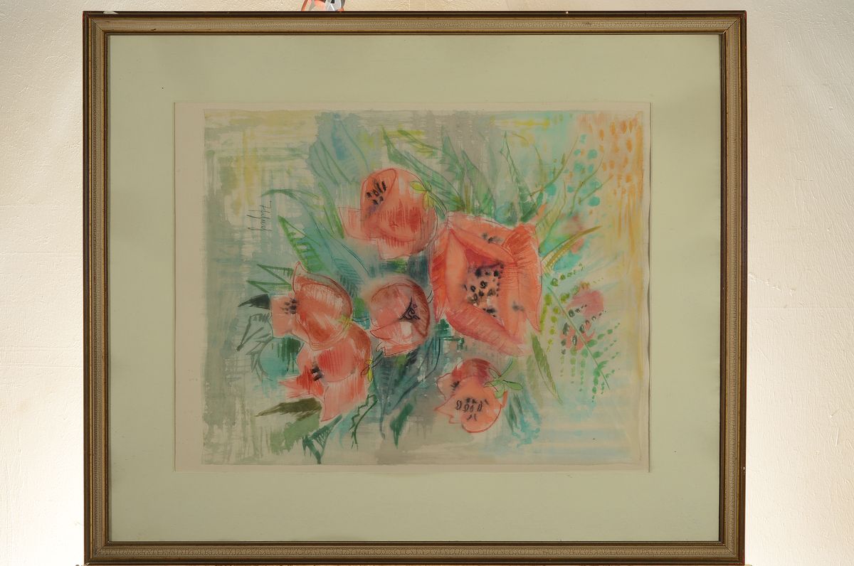 Detail k: Willi Tschech, 1891 - 1975, Aquarell auf dünnem Büttenpapier, Blumenstillleben, signiert, ca. 50 x 41 cm, unter Glas, Rahmen