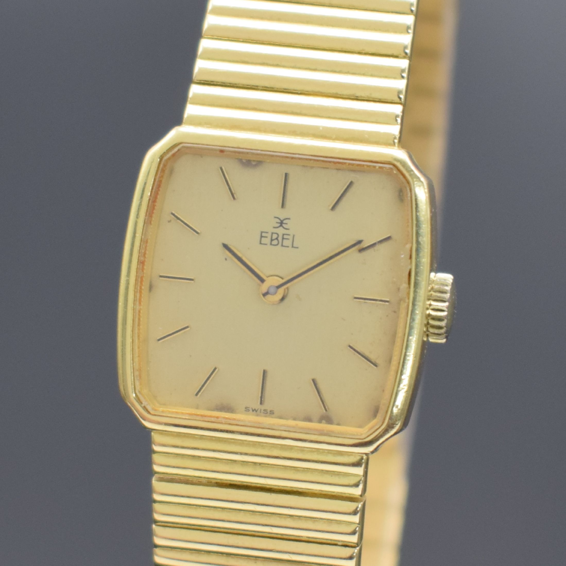 Detail a: EBEL Damengoldbanduhr in GG 750/000, Schweiz verk. lt. beil. orig. Garantie 08/1982, Handaufzug, Geh. an orig. Goldband in GG 750/000, dell. Boden ...