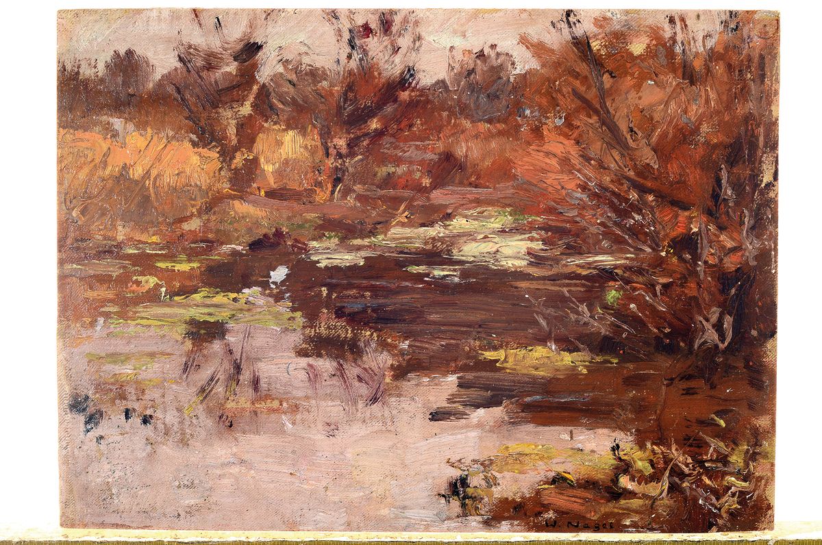 Detail k: Wilhelm Nagel, 1866 Mannheim-1945 Baden-Baden, Herbstliche Landschaft mit Weiher, Öl/Malkarton, rechts unten signiert, ca. 19.5x26.5cm