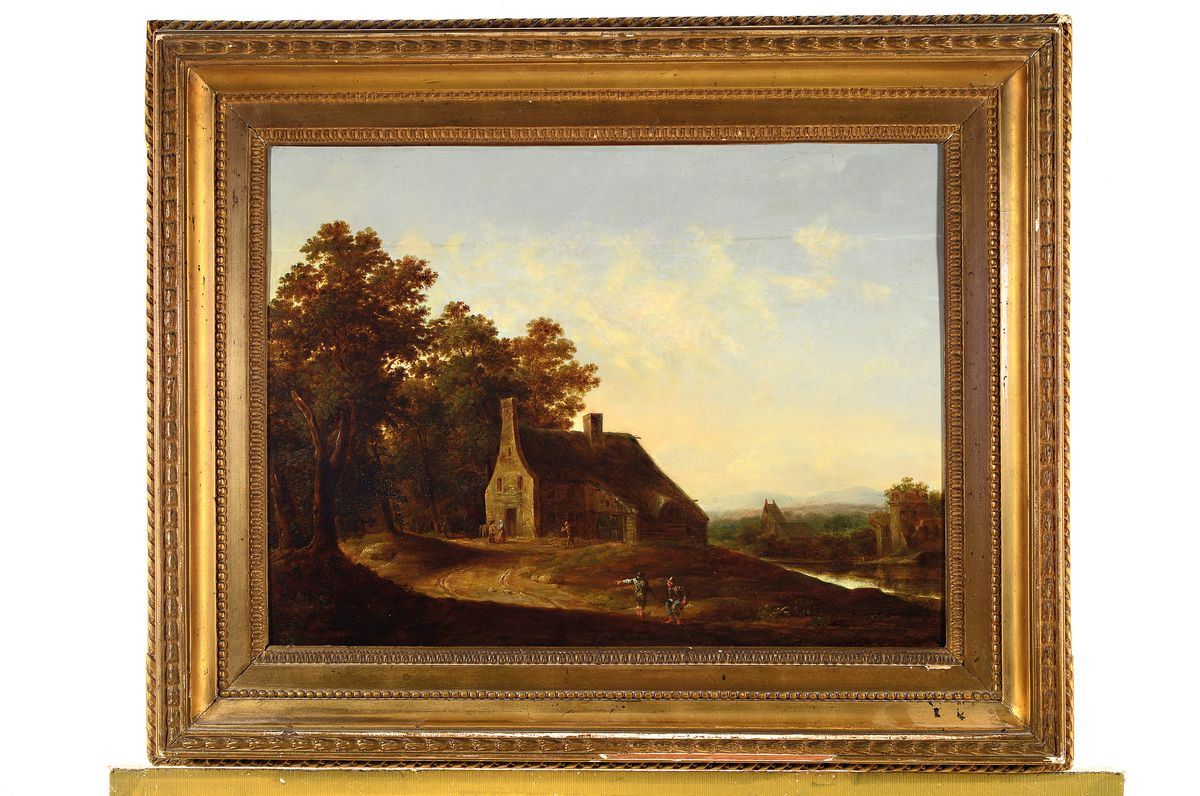Detail k: Zuschreibung: Frederick de Moucheron, 1633-1686, Personen vor einem Gehöft, Öl/Holz, feine lasierende Malerei, sorgfältig restaurierter Querriss ...