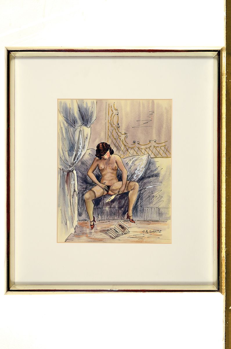 Detail k: Otto Rudolf Schatz, 1900-1961 Wien, sitzender weiblicher Akt mit Spiegel, erotische Szenerie, Tusche und Aquarell, rechts unten signiert, ca. ...
