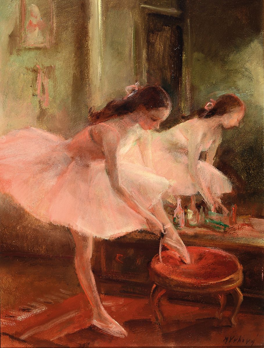Miroslava Marie Vrbova-Stefkova, 1909 Böhmen-1991 Stuttgart, Balletttänzerin beim Binden des Schuhs vor einem Spiegel, Öl/ Hartfaser, rechts unten ...