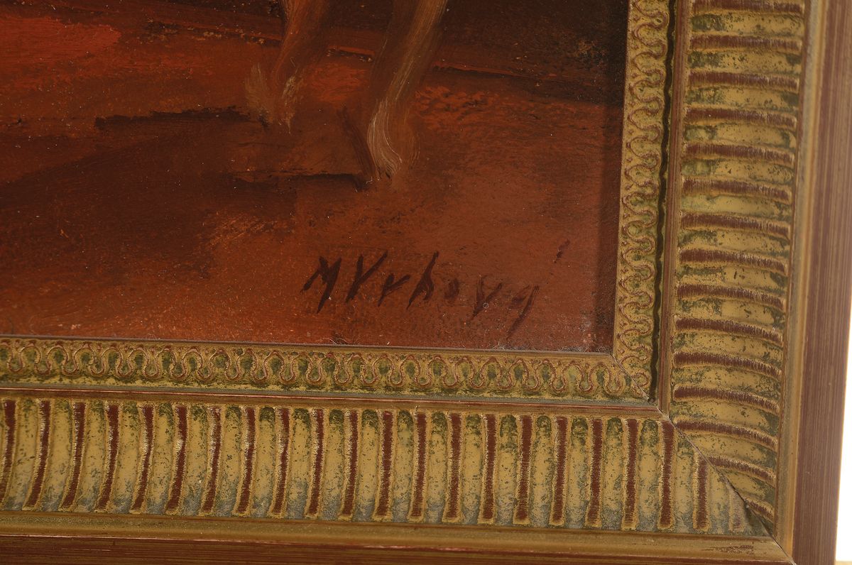 Detail a: Miroslava Marie Vrbova-Stefkova, 1909 Böhmen-1991 Stuttgart, Balletttänzerin beim Binden des Schuhs vor einem Spiegel, Öl/ Hartfaser, rechts unten ...
