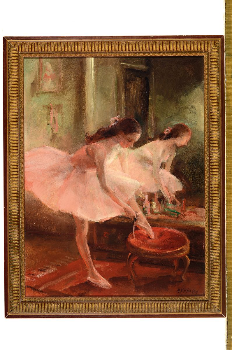 Detail k: Miroslava Marie Vrbova-Stefkova, 1909 Böhmen-1991 Stuttgart, Balletttänzerin beim Binden des Schuhs vor einem Spiegel, Öl/ Hartfaser, rechts unten ...