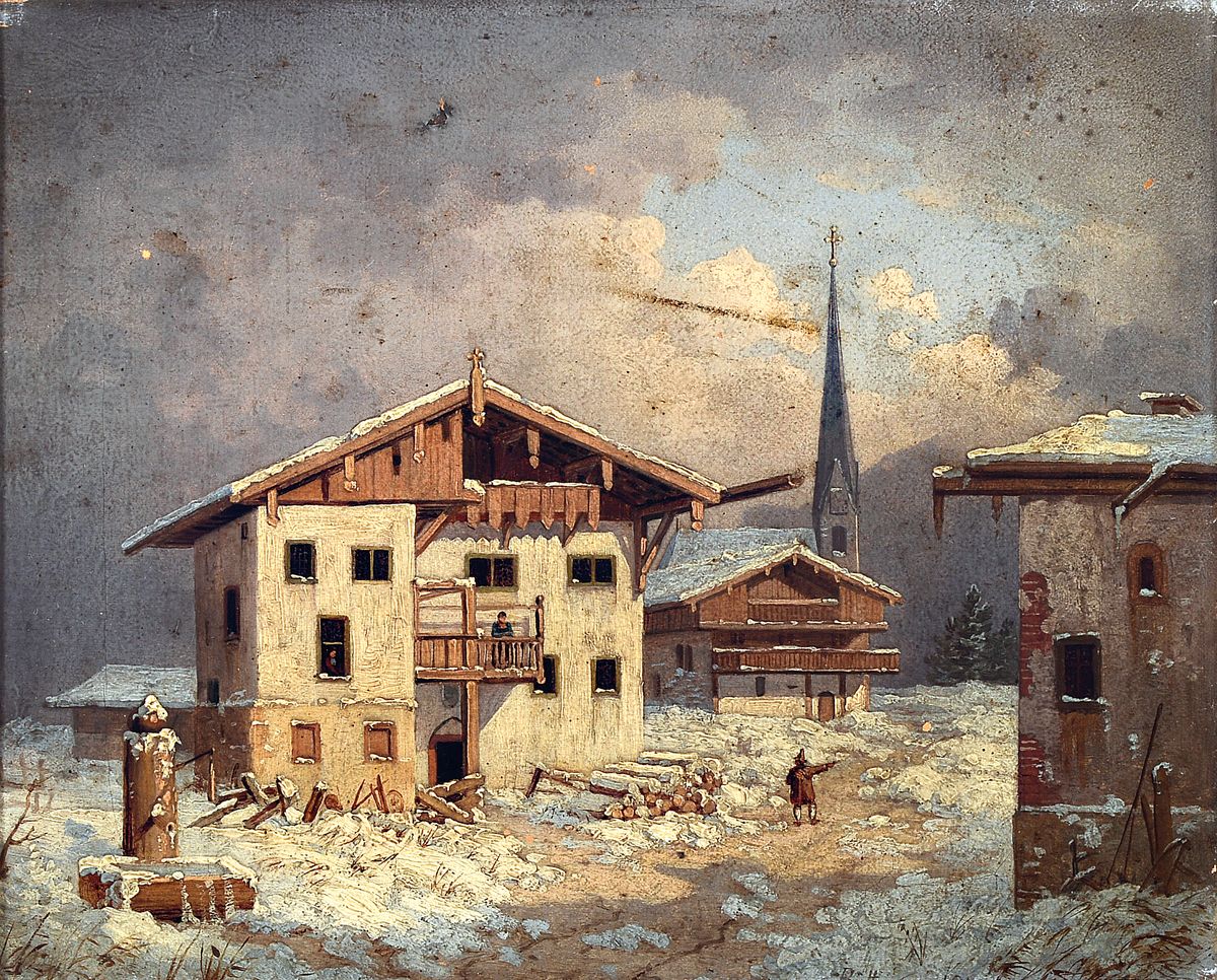 Peter Jakob Büttgen, erwähnt zwischen 1820 und 1846, hier: Verschneite Winterlandschaft in einem Bergdorf, Öl/Lwd, rechts unten signiert: Büttgen ...