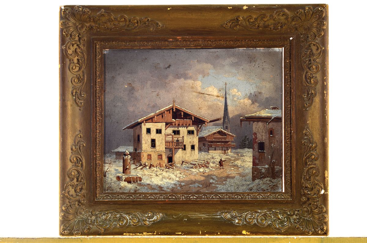 Detail k: Peter Jakob Büttgen, erwähnt zwischen 1820 und 1846, hier: Verschneite Winterlandschaft in einem Bergdorf, Öl/Lwd, rechts unten signiert: Büttgen ...
