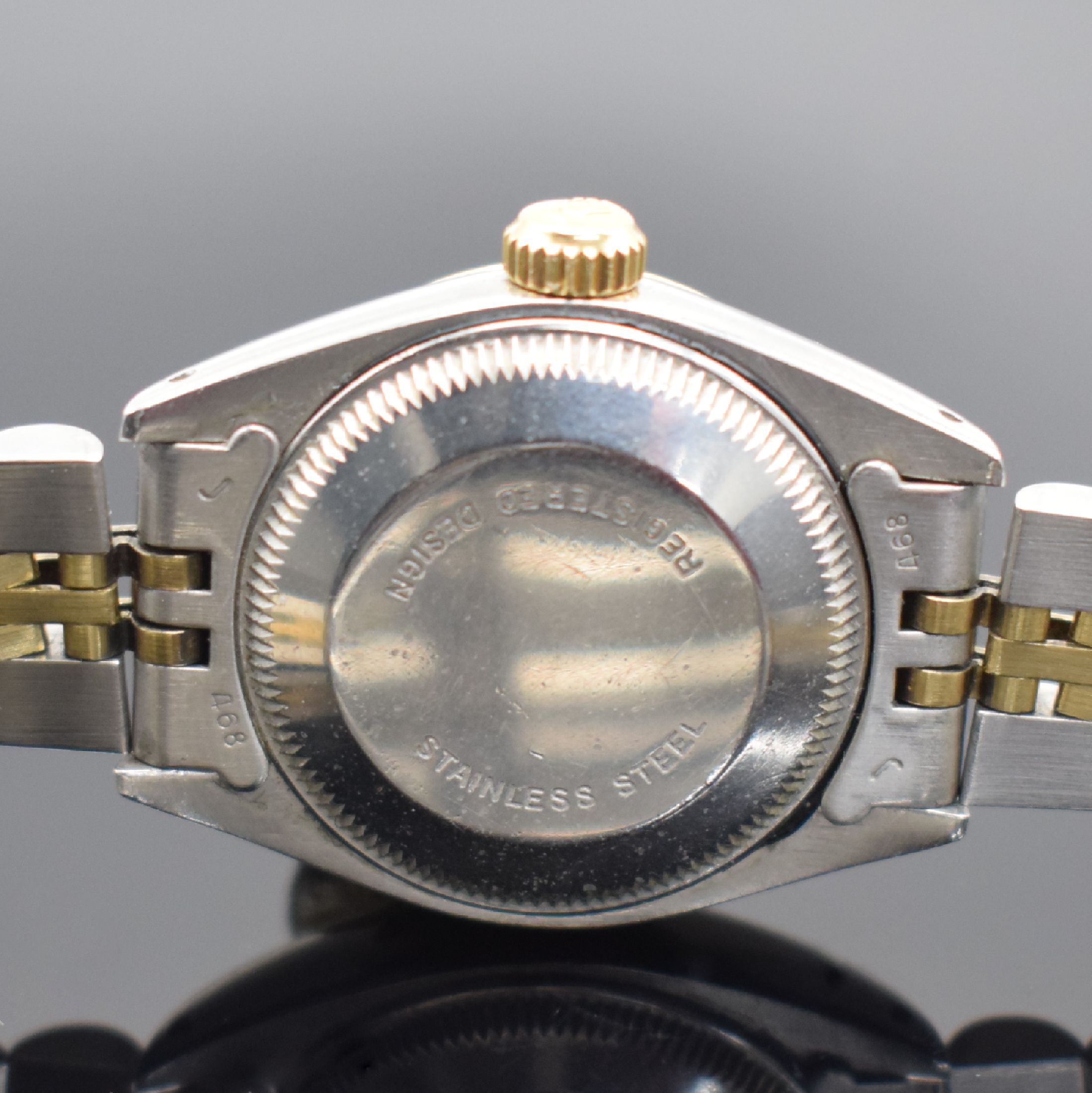 Detail d: ROLEX Damenarmbanduhr Oyster Perpetual Date Referenz 6917, Schweiz verk. lt. beil. Pap. 03/1981, Automatik, Edelstahlgeh. inkl. Jubileeband, ...