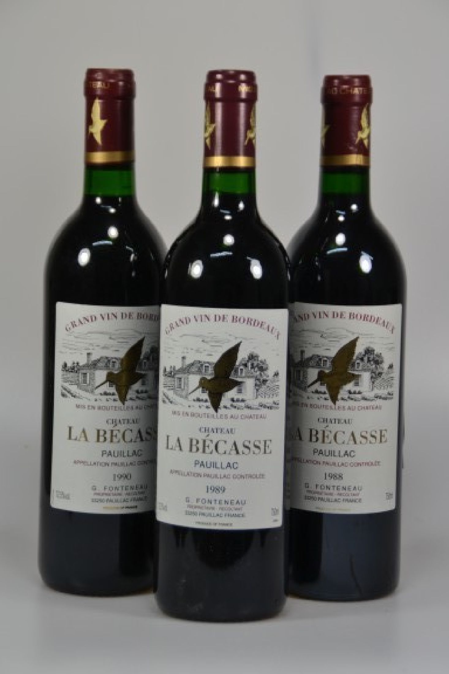 6 Flaschen Chateau La Becasse, verschiedene Jahrgänge, Pauillac, 2x 1988, 2x 1989, 2x1990, je 750ml, 12,5% Vol., mind. Into Neck,unverkostet, Kapsel ...