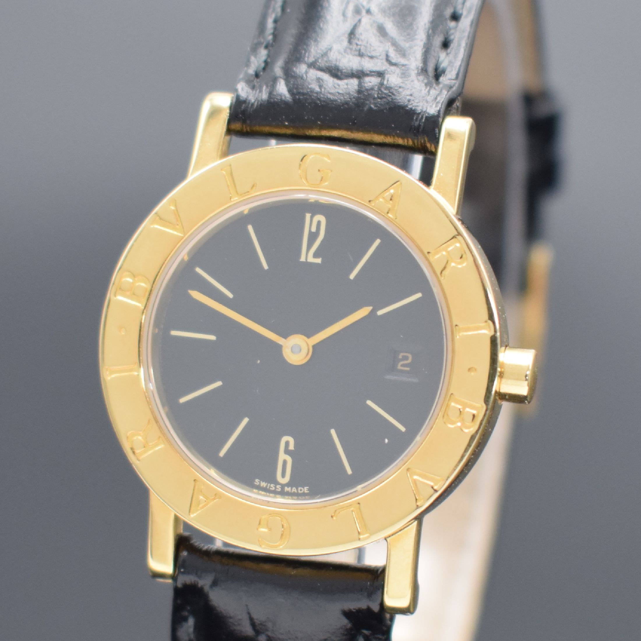 Detail a: BULGARI Damenarmbanduhr in GG 750/000 ReferenzBB 26 GL, Schweiz um 1990, quarz, Boden aufgedr., neutr. Lederband m. orig. GG 750/000 Dornschl., ...