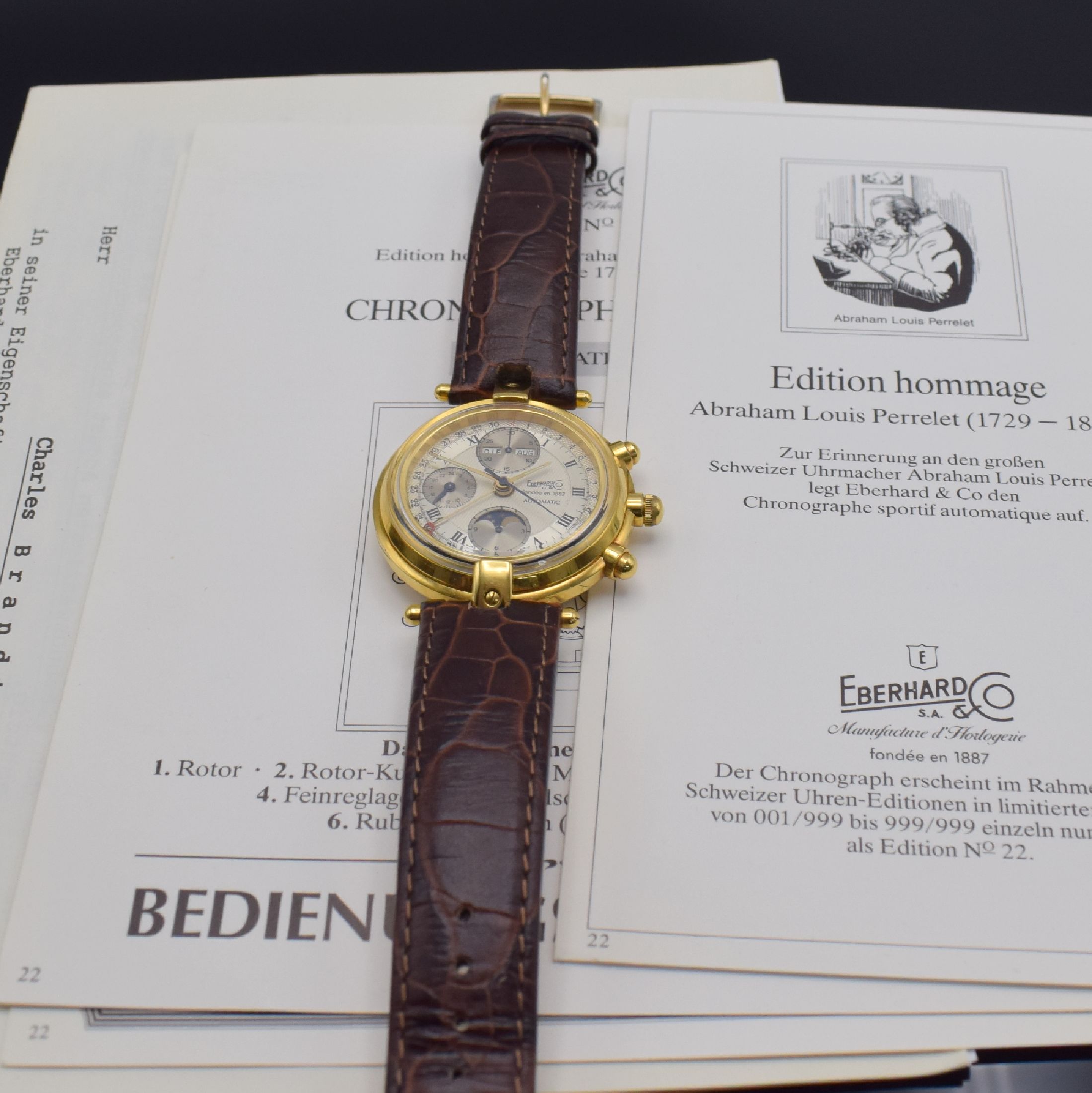 Detail g: EBERHARD & CO auf 999 Stück limitierter Armbandchronograph Edition Hommage A.L. Perrelet, Schweiz verk. lt. beil. Pap. 06/1990, Automatik, verg. ...