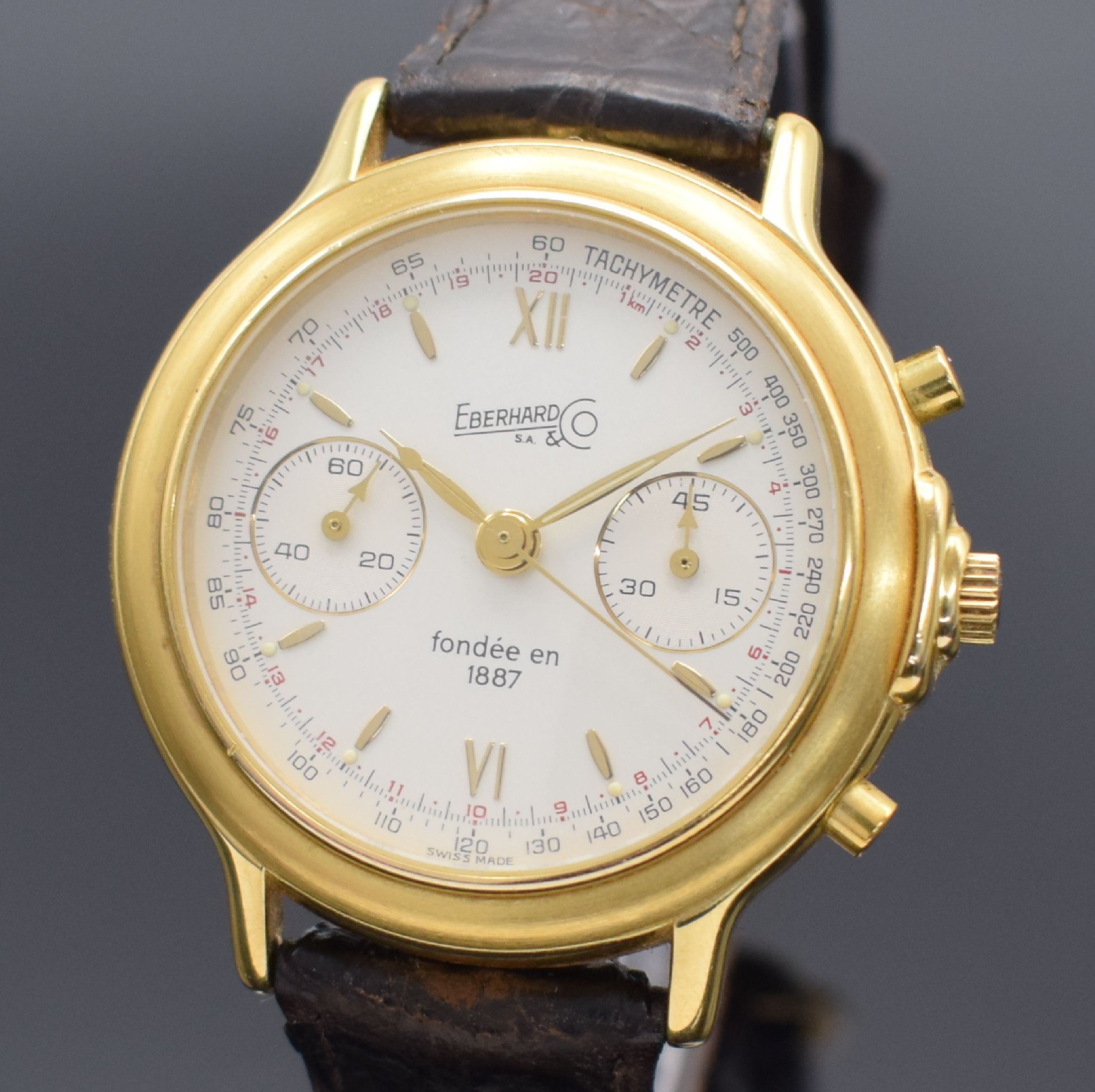 Detail a: EBERHARD & Co auf 250 Stück limitierte Herrenarmbanduhr mit Schaltradchronograph, Schweiz um 1987, Handaufzug, verg. Geh., Edelstahlboden aufgedr., ...