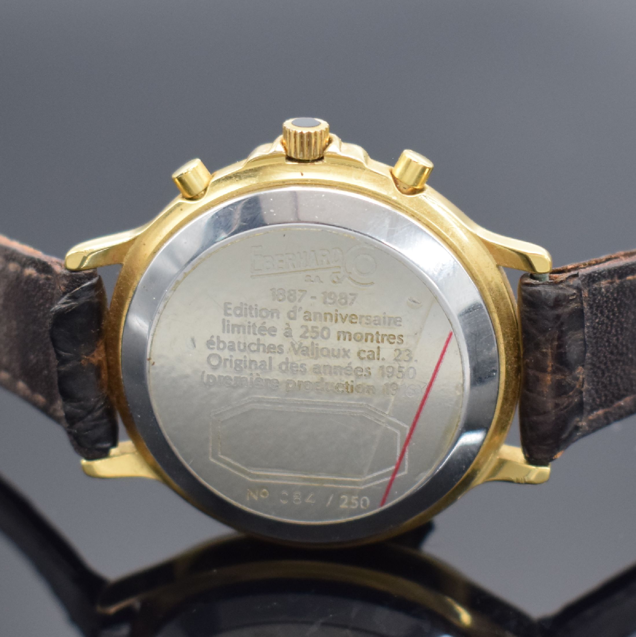 Detail c: EBERHARD & Co auf 250 Stück limitierte Herrenarmbanduhr mit Schaltradchronograph, Schweiz um 1987, Handaufzug, verg. Geh., Edelstahlboden aufgedr., ...