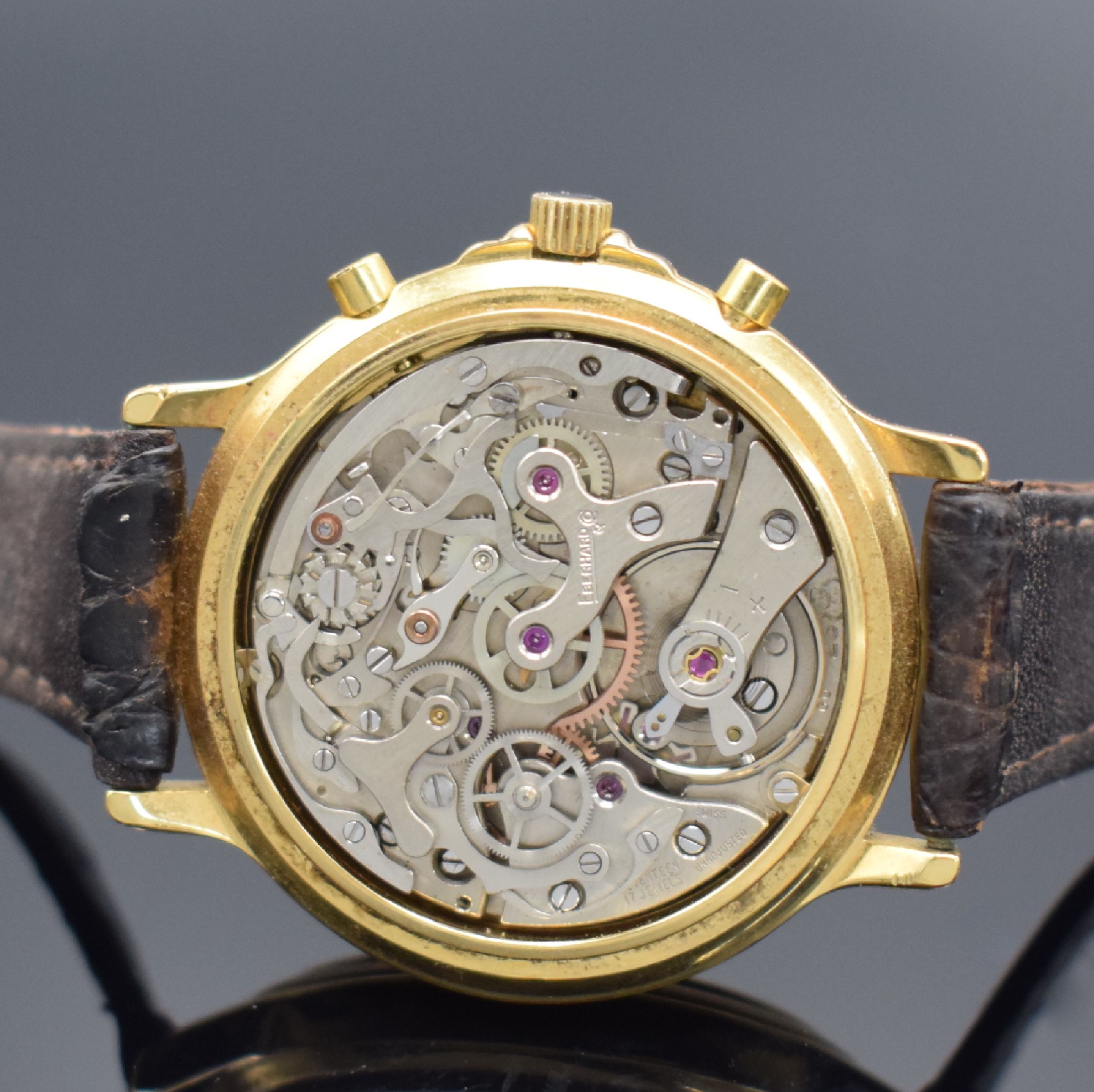 Detail d: EBERHARD & Co auf 250 Stück limitierte Herrenarmbanduhr mit Schaltradchronograph, Schweiz um 1987, Handaufzug, verg. Geh., Edelstahlboden aufgedr., ...