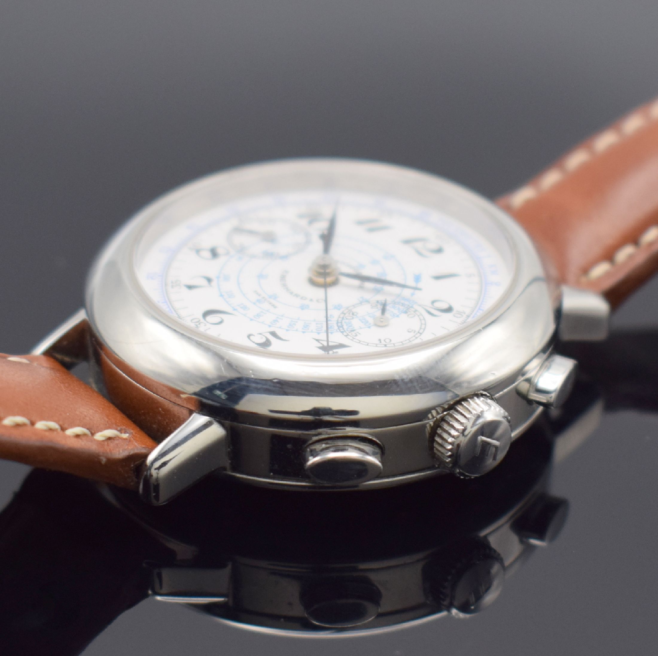 Detail b: EBERHARD & Co Replica Armbandchronograph Referenz 31931, Automatik, Schweiz um 2005, Edelstahlgeh. inkl. orig. Lederband m. orig. Dornschl., Boden ...