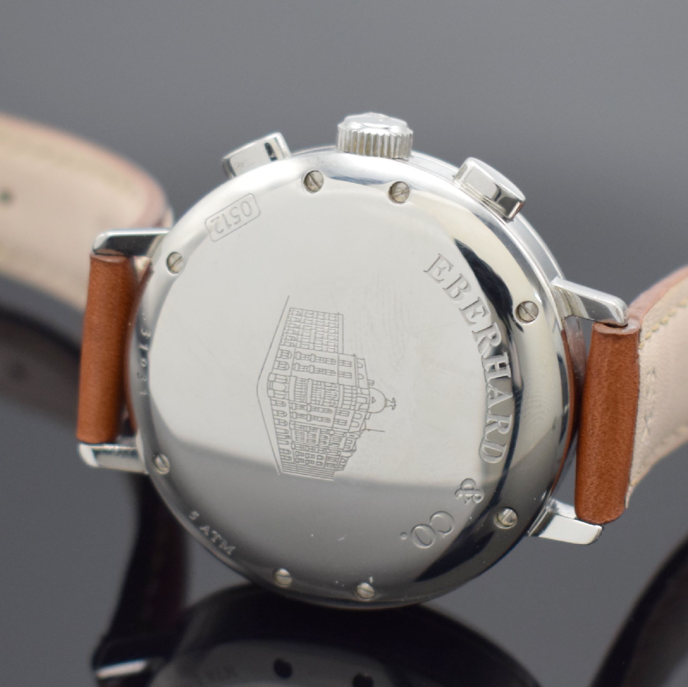 Detail c: EBERHARD & Co Replica Armbandchronograph Referenz 31931, Automatik, Schweiz um 2005, Edelstahlgeh. inkl. orig. Lederband m. orig. Dornschl., Boden ...