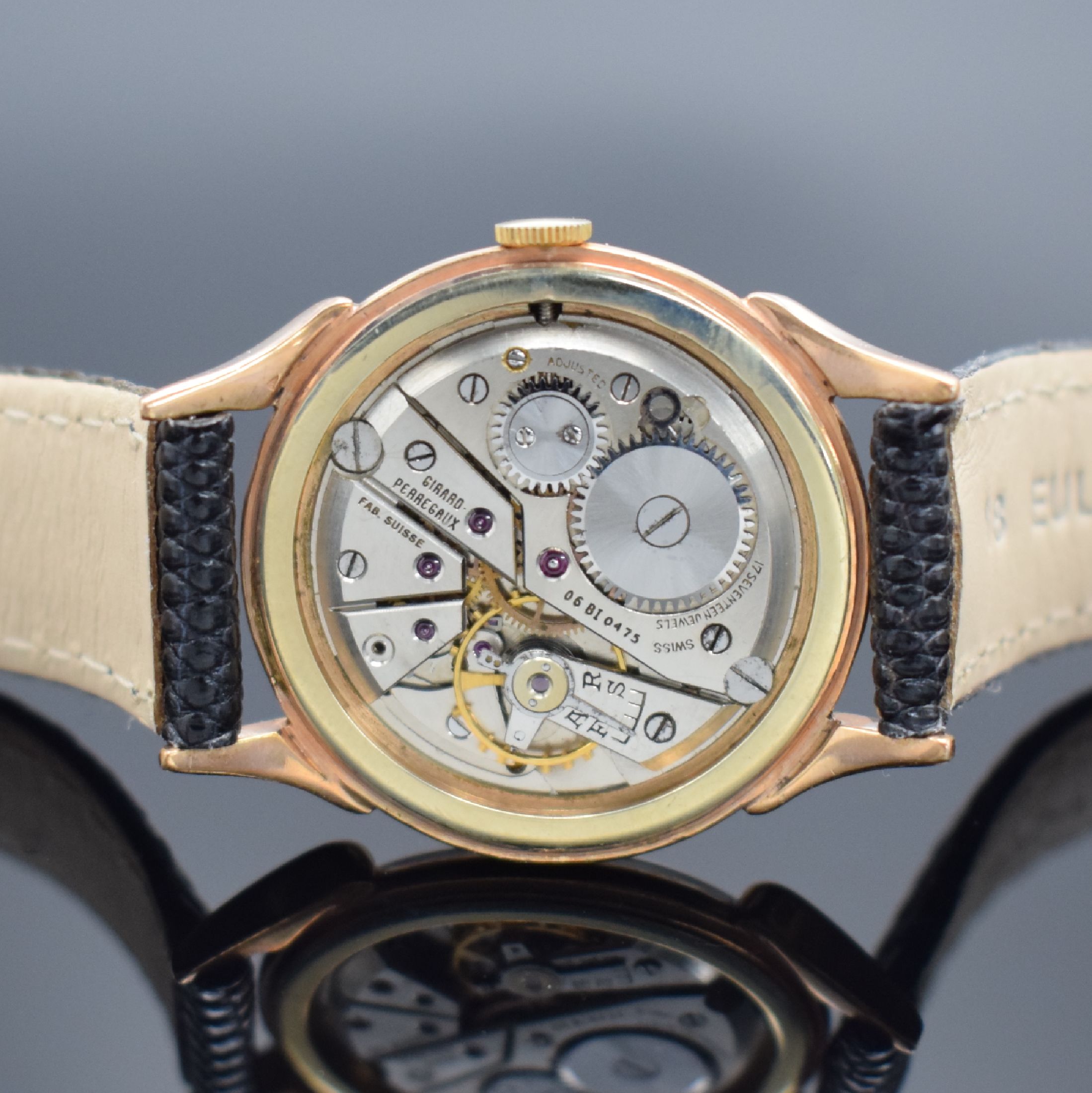 Detail c: GIRARD PERREGAUX Herrenarmbanduhr, Handaufzug, Schweiz 1950er Jahre, 2-teil., verg. Geh., Boden aufgedr., ausgef. Bandanst., silb. Zifferbl. rest., ...