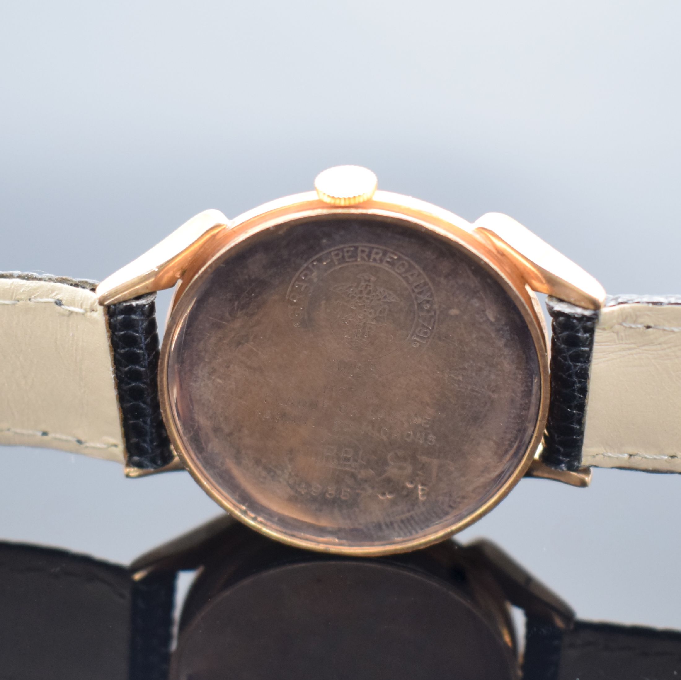 Detail d: GIRARD PERREGAUX Herrenarmbanduhr, Handaufzug, Schweiz 1950er Jahre, 2-teil., verg. Geh., Boden aufgedr., ausgef. Bandanst., silb. Zifferbl. rest., ...