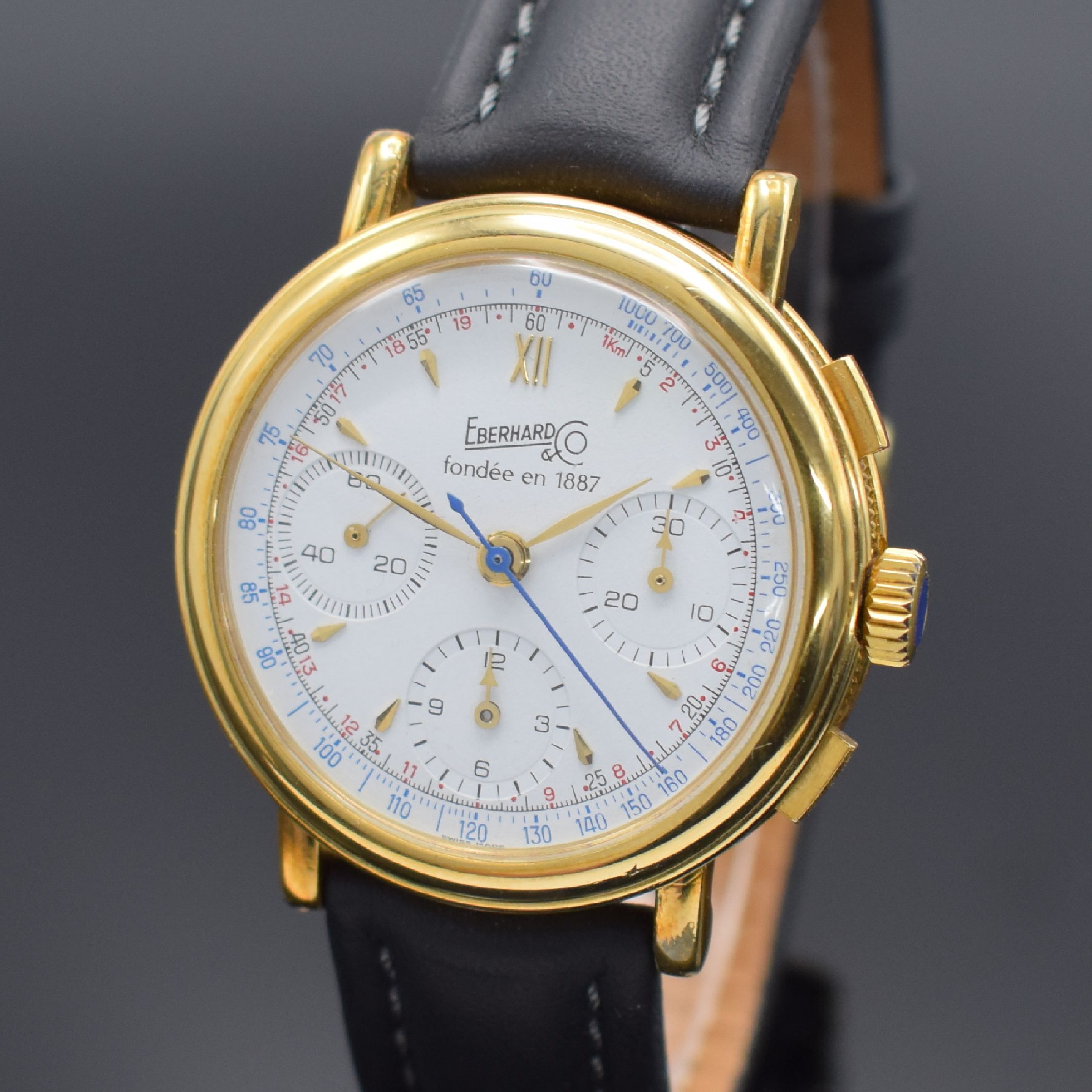 Detail a: EBERHARD & Co. auf 399 Stück limitierter Schaltradchronograph, Handaufzug, Schweiz um 1988, verg. Metallgeh., Boden m. Monogramm HK & Glasrand ...
