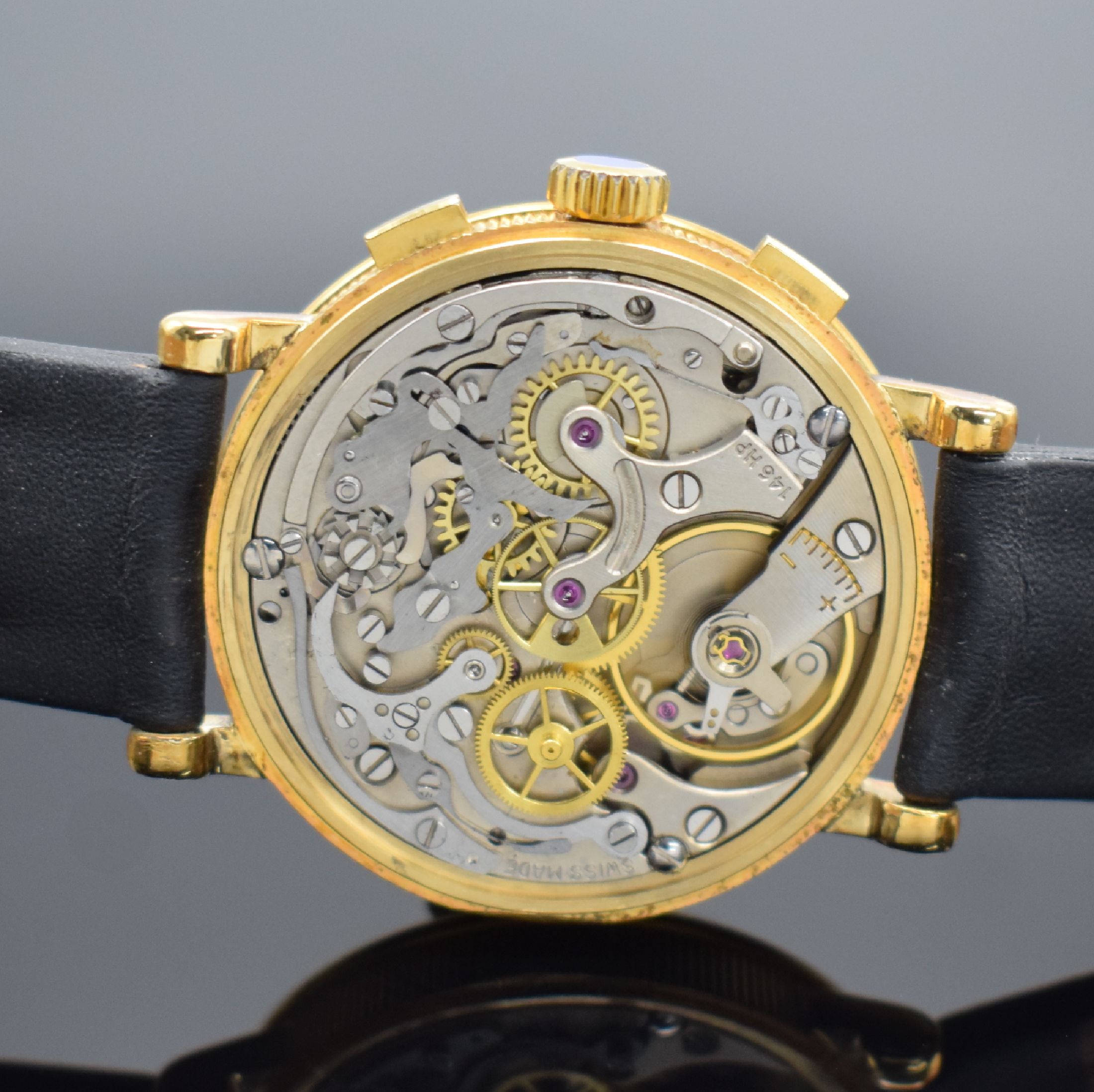 Detail e: EBERHARD & Co. auf 399 Stück limitierter Schaltradchronograph, Handaufzug, Schweiz um 1988, verg. Metallgeh., Boden m. Monogramm HK & Glasrand ...