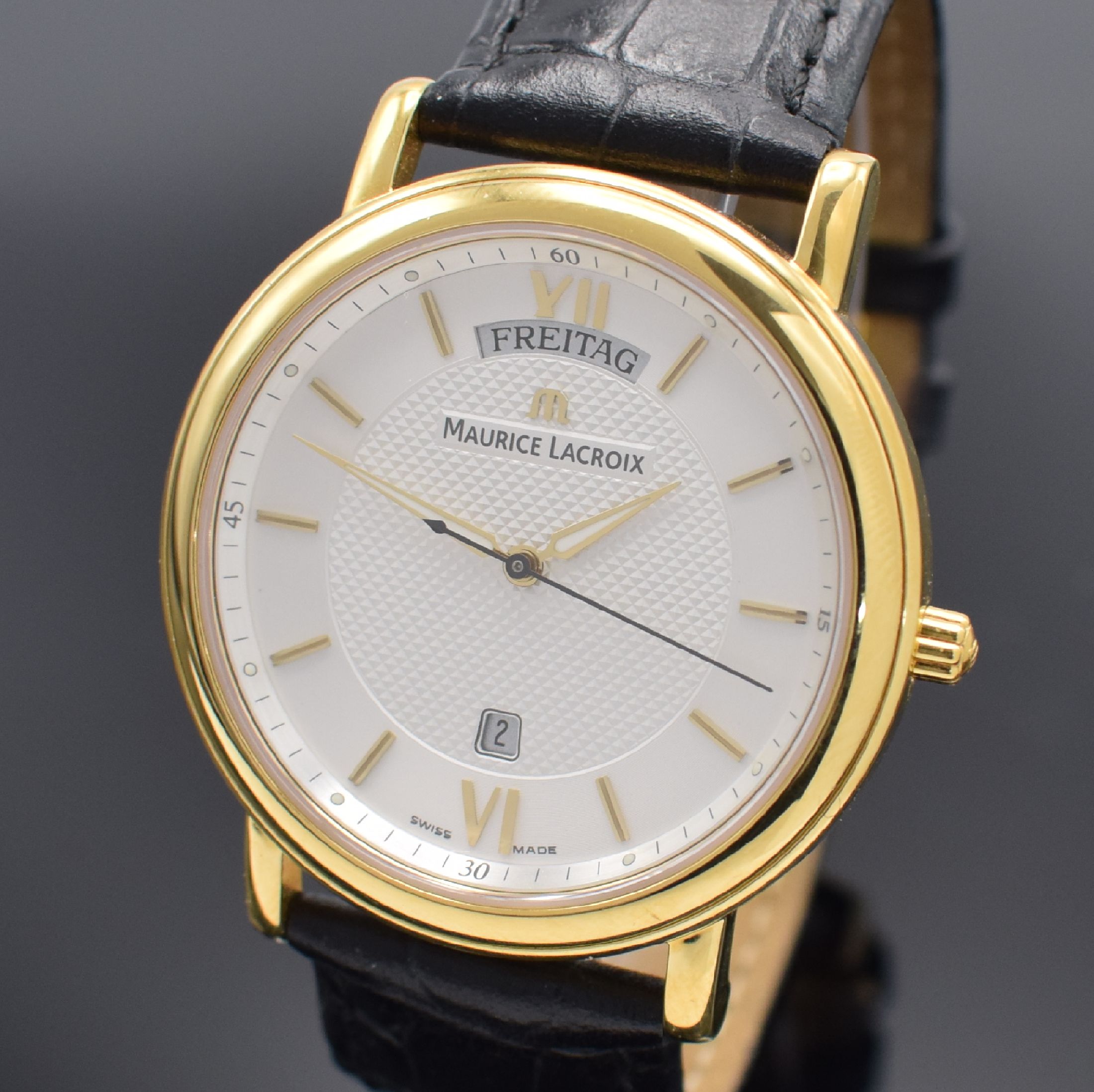 Detail a: MAURICE LACROIX auf 750 Stück limitierte Herrenarmbanduhr Referenz LC 1067, quarz, Schweiz um 2005, verg. Edelstahlgeh. inkl. orig. Lederband m. ...