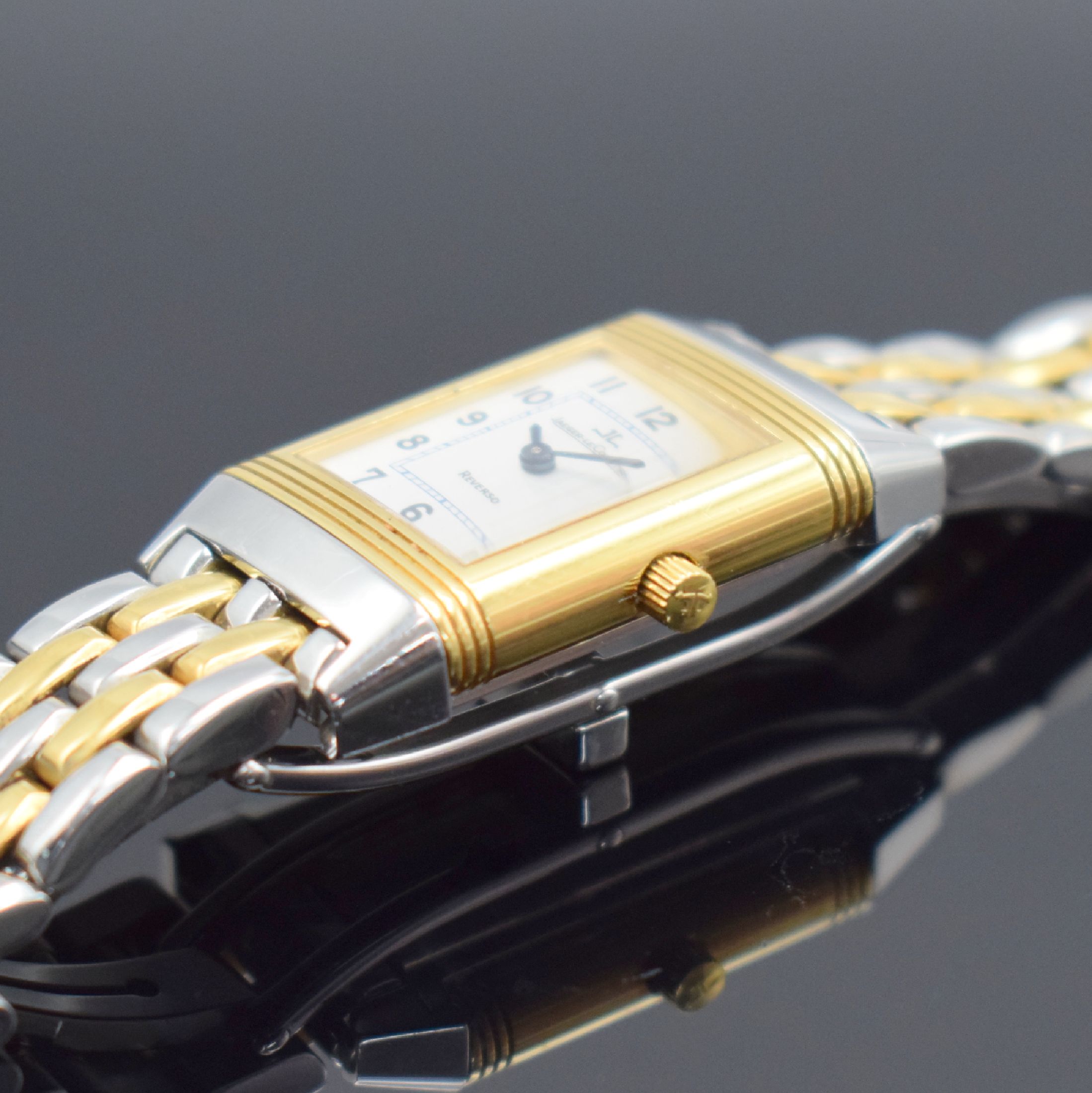 Detail c: Jaeger-LeCoultre Damenarmbanduhr Reverso Referenz 260.5.86, Schweiz um 2005, Handaufzug, um 180 Grad drehbares Wendegehäuse in Edelstahl/Gold ...