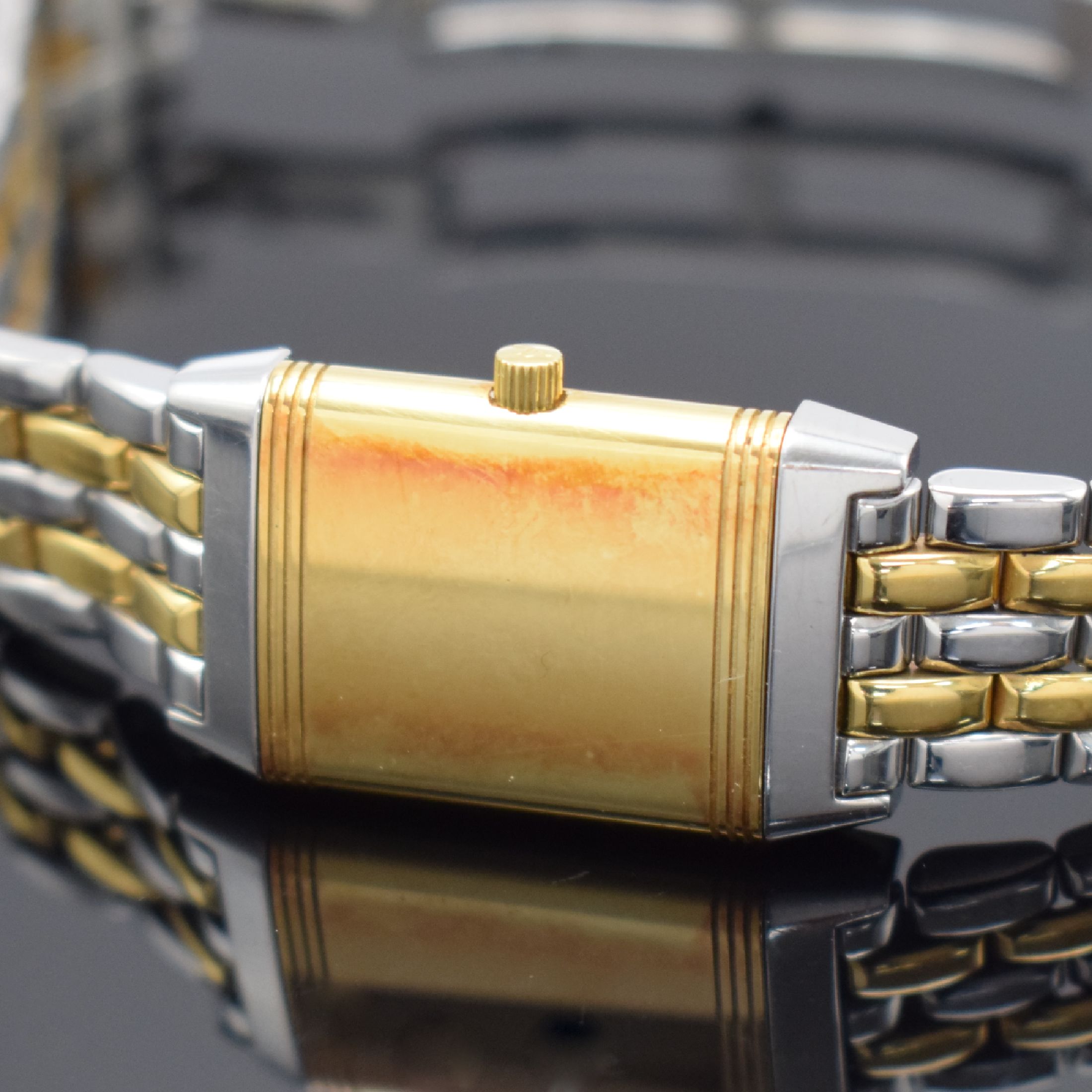 Detail f: Jaeger-LeCoultre Damenarmbanduhr Reverso Referenz 260.5.86, Schweiz um 2005, Handaufzug, um 180 Grad drehbares Wendegehäuse in Edelstahl/Gold ...