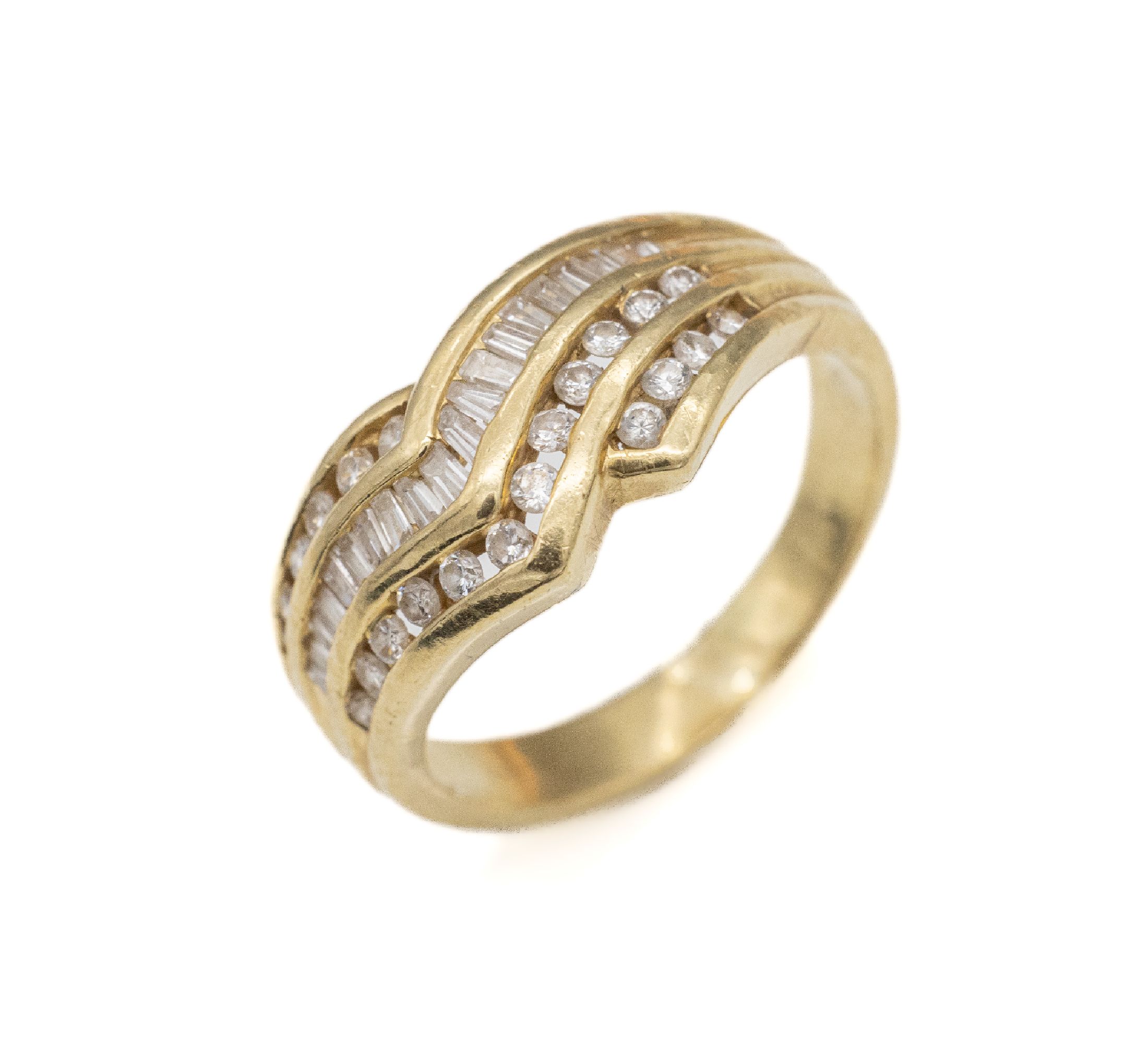 18 kt Gold Diamant-Ring, GG 750/000, 22 Brillanten und 20 Diamant-Baguettes zus. ca. 1.0 ct feines Weiß-Weiß/vs-si, RW 53, ca. 4.7 g