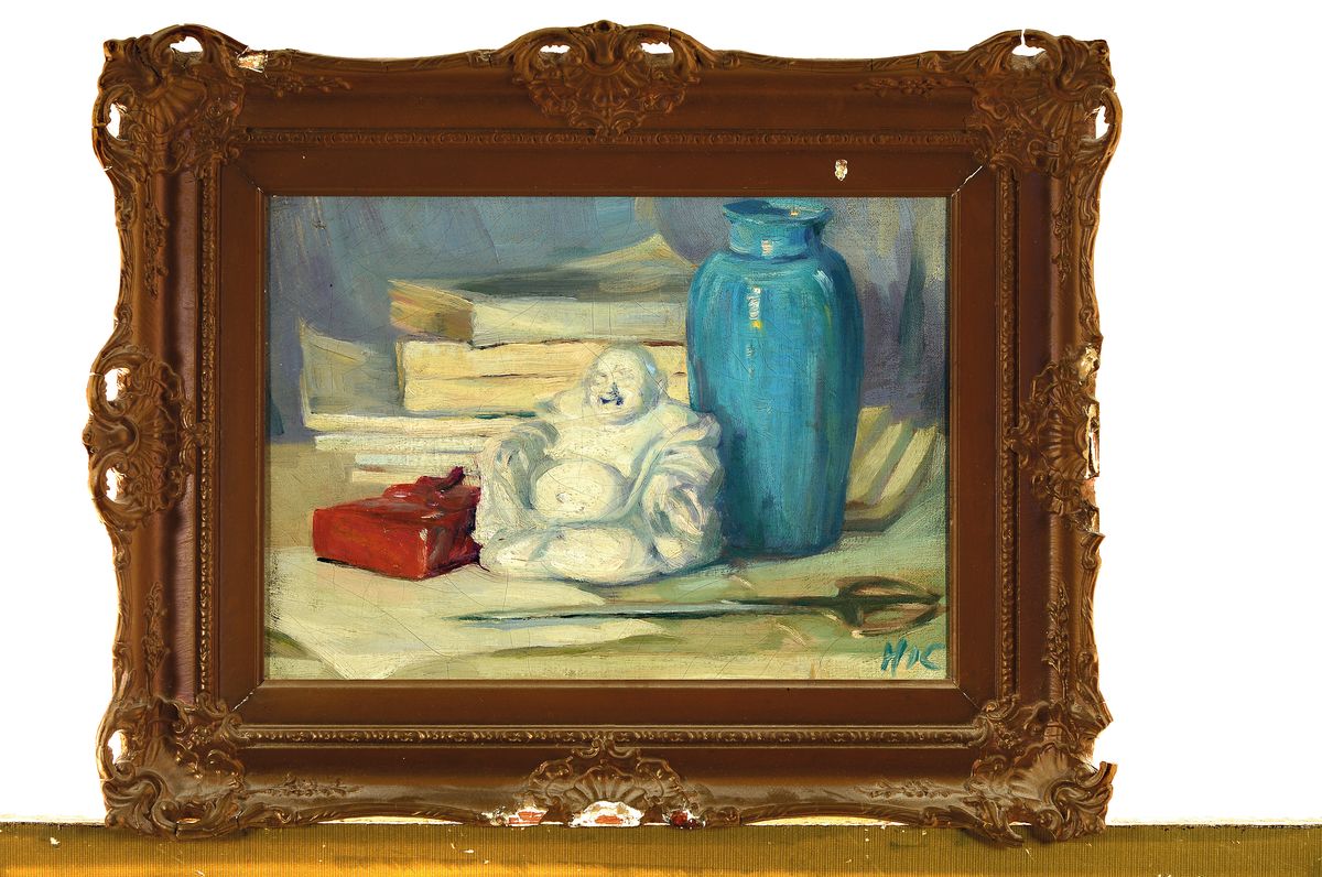 Detail k: Henry Ives Cobb, 1883 - 1974, Stillleben mit Buddha und Vase, Öl/Lwd, signiert, krakeliert, ca. 26 x 35 cm, Rahmen, l. best.