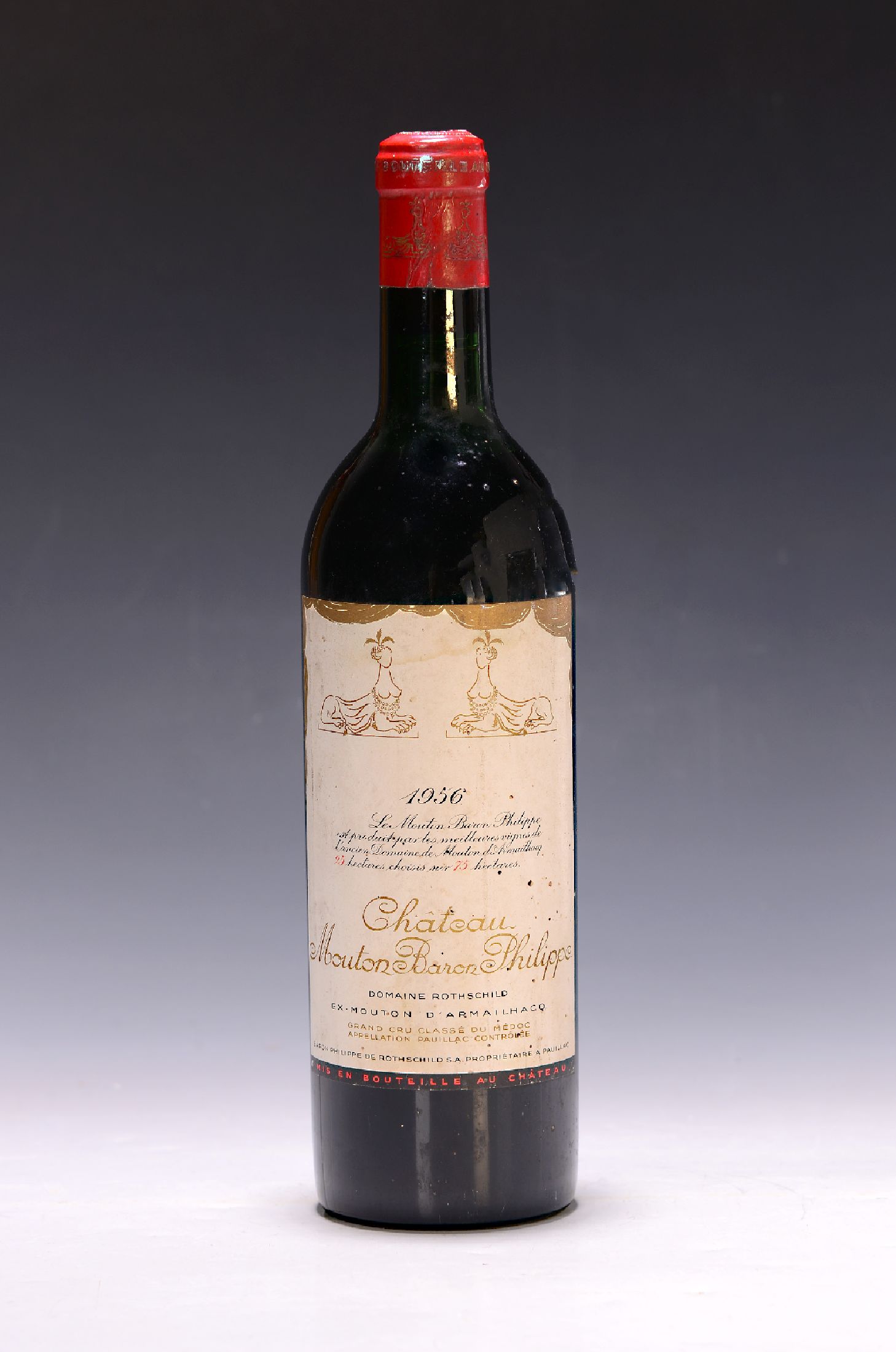 1 Flasche 1956 Chateau Mouton Baron Philippe (d'Armailhacq), Domaine Rothschild, Pauillac, 750ml, orig. verkorkt und unverkostet, mid shoulder, ...