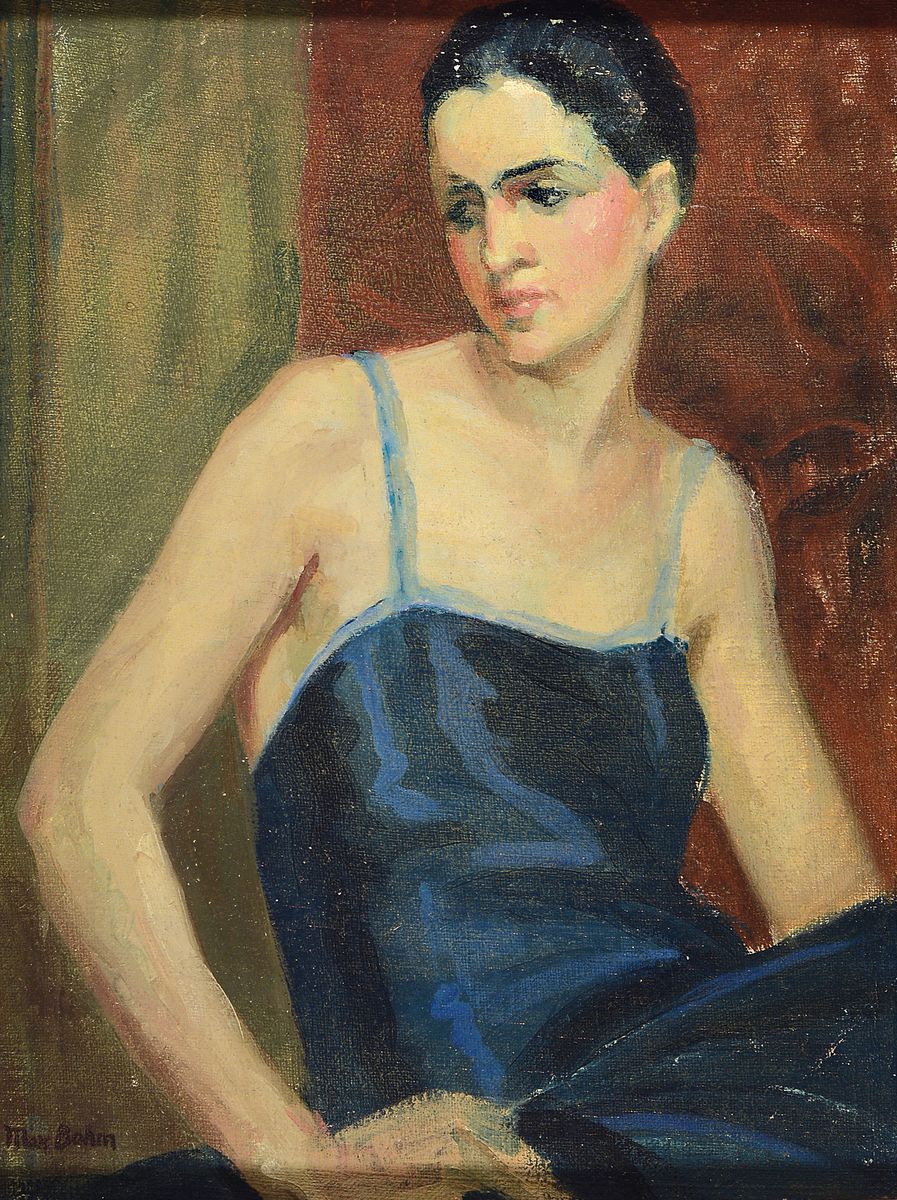 Max Bohm, Anfang 20. Jh., Porträt einer jungen Frau im blauen Kleid, Öl/Lwd, li. u. signiert, l. Farbabblätterungen im Haar, ca. 63 x 53 cm, ...