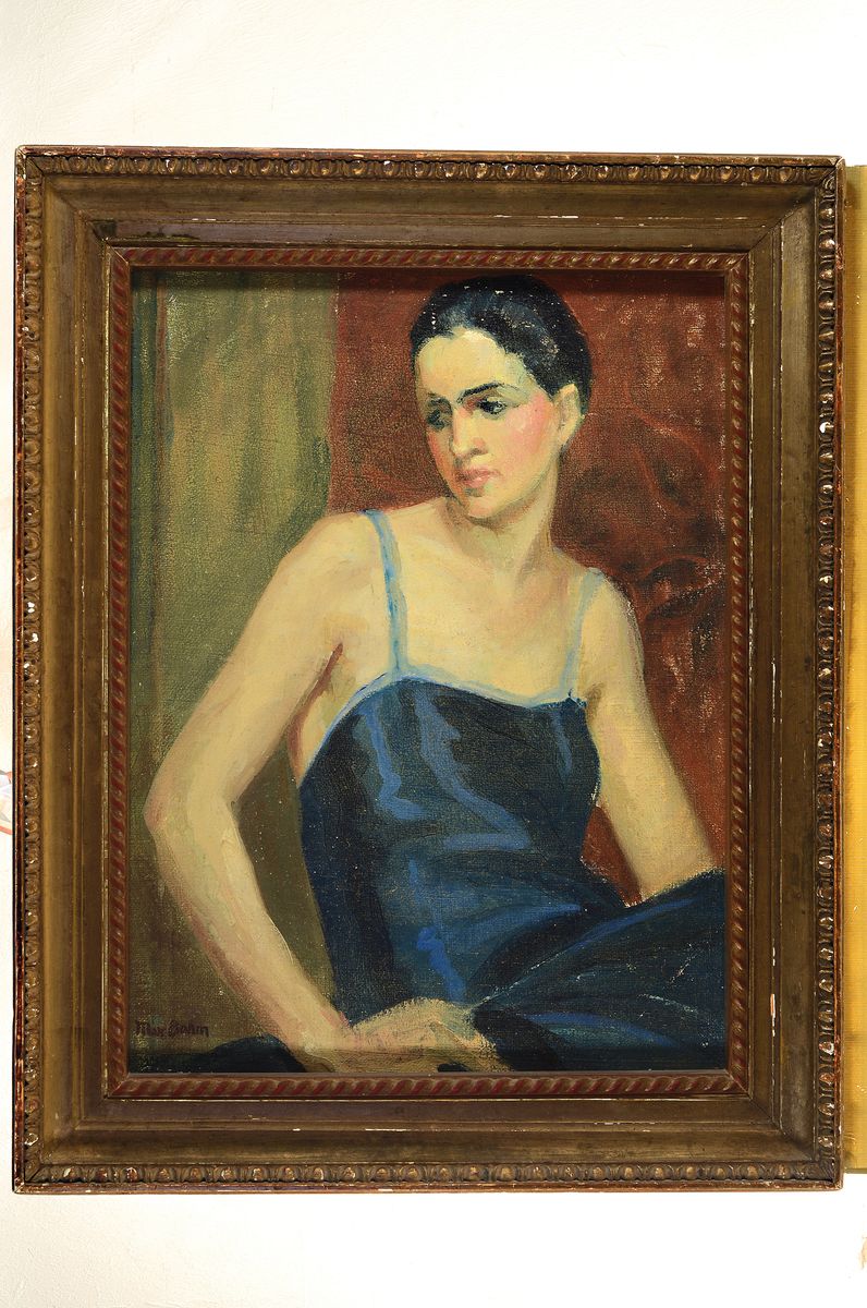Detail k: Max Bohm, Anfang 20. Jh., Porträt einer jungen Frau im blauen Kleid, Öl/Lwd, li. u. signiert, l. Farbabblätterungen im Haar, ca. 63 x 53 cm, ...