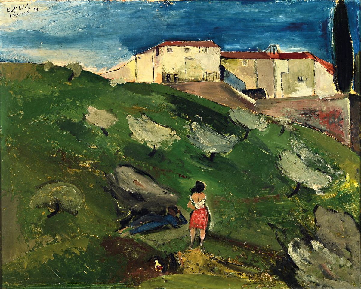K...Stich, unleserlich signiert, südliche Landschaft bei Florenz mit jungem Paar, Öl/Malkarton, unleserlich signiert und bez. Firence 30, l. ...
