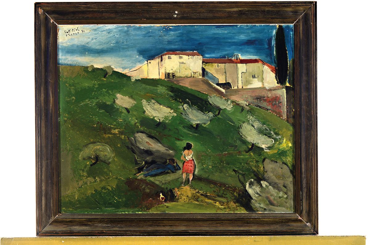 Detail k: K...Stich, unleserlich signiert, südliche Landschaft bei Florenz mit jungem Paar, Öl/Malkarton, unleserlich signiert und bez. Firence 30, l. ...