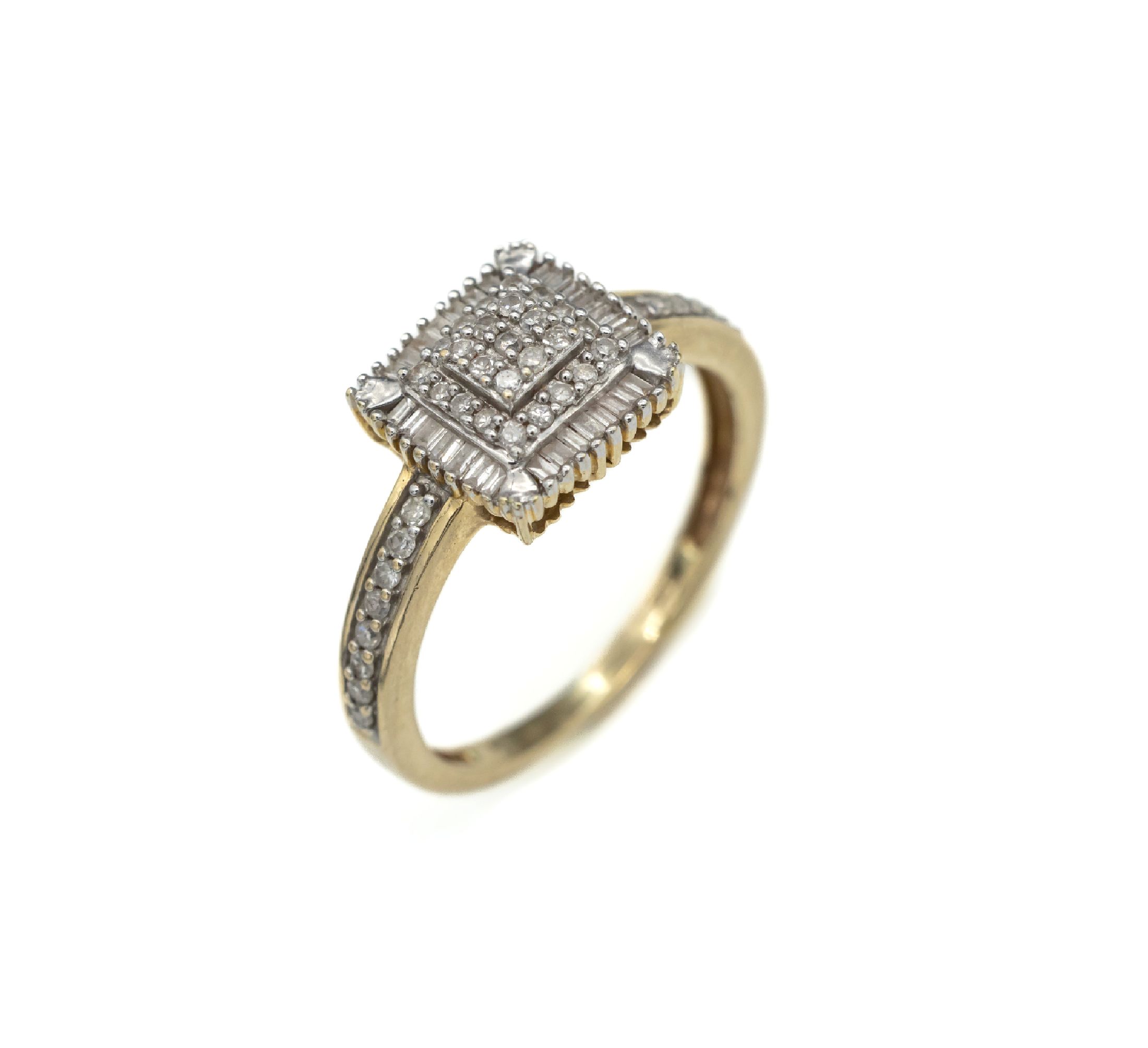 14 kt Gold Diamant-Ring, GG 585/000, 41 8/8-Diamanten und 29 Diamantbaguettes zus. ca.0.80 ct Weiß/p, RW 58, ca. 3.6 g