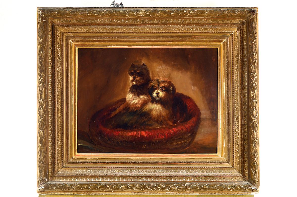 Detail k: Traditionalist, 2. Hälfte 20. Jh., Hundepaar im Korb, Öl/Holz, ca. 40 x 52 cm, Prunkrahmen, Gesamtmaß ca. 76x68cm