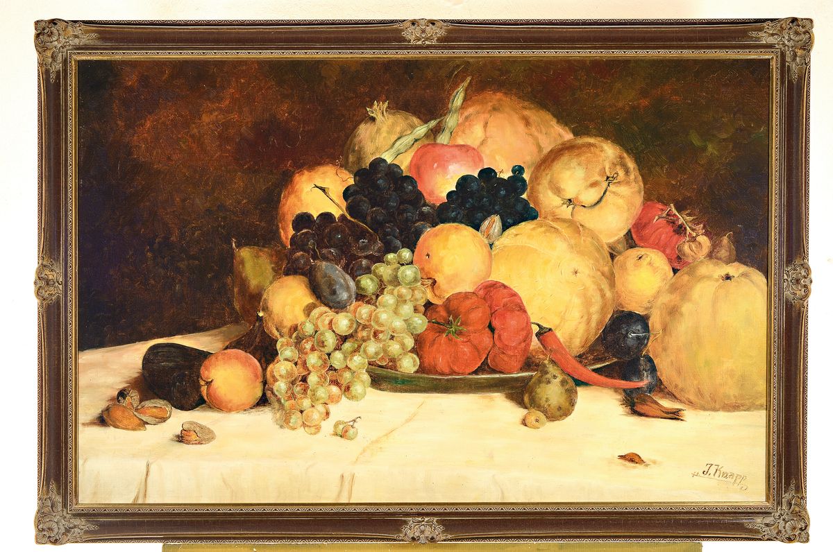 Detail k: I. Knapp, Traditionalist, erste Hälfte 20. Jh., Stillleben, Öl/Lwd, signiert, ca. 84 x 100 cm, Rahmen ca. 75 x 100 cm