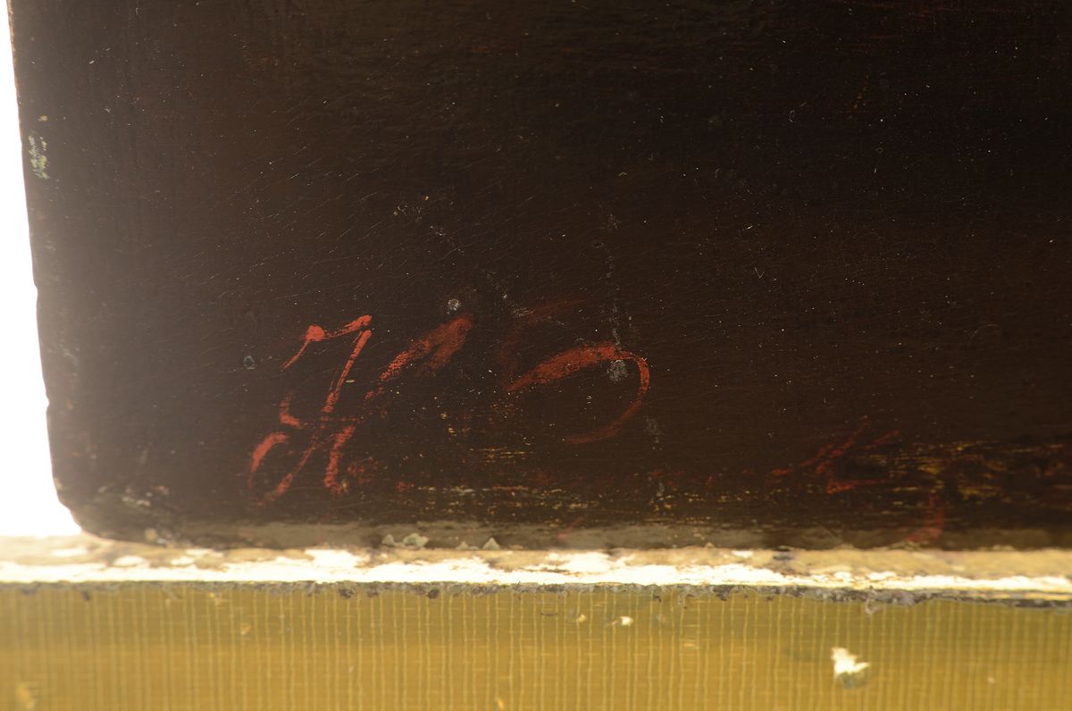 Detail a: Unbekannter niederländischer Künstler, um 1680/1720, Kartenspieler, Interieur, Öl/Holz, restaurierter Riss quer, li. unten monogrammiert ca. 53 x ...