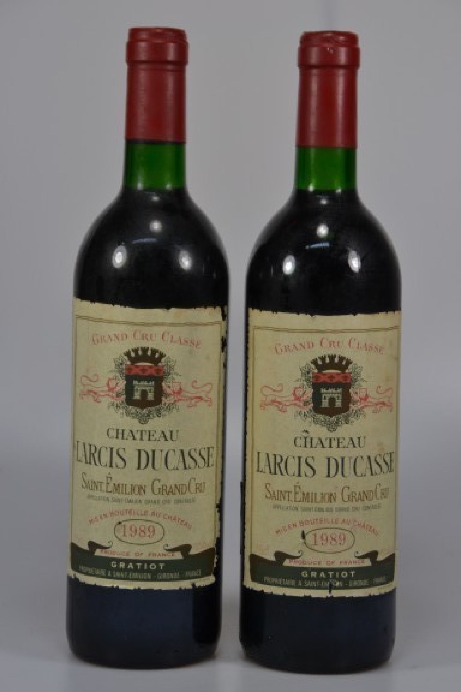2 Flaschen 1989 Chateau Larcis Ducasse, Saint Emilion Grand Cru Classe, je 750ml, 12 ,5% Vol, Into Neck, unverkostet, Etiketten best .