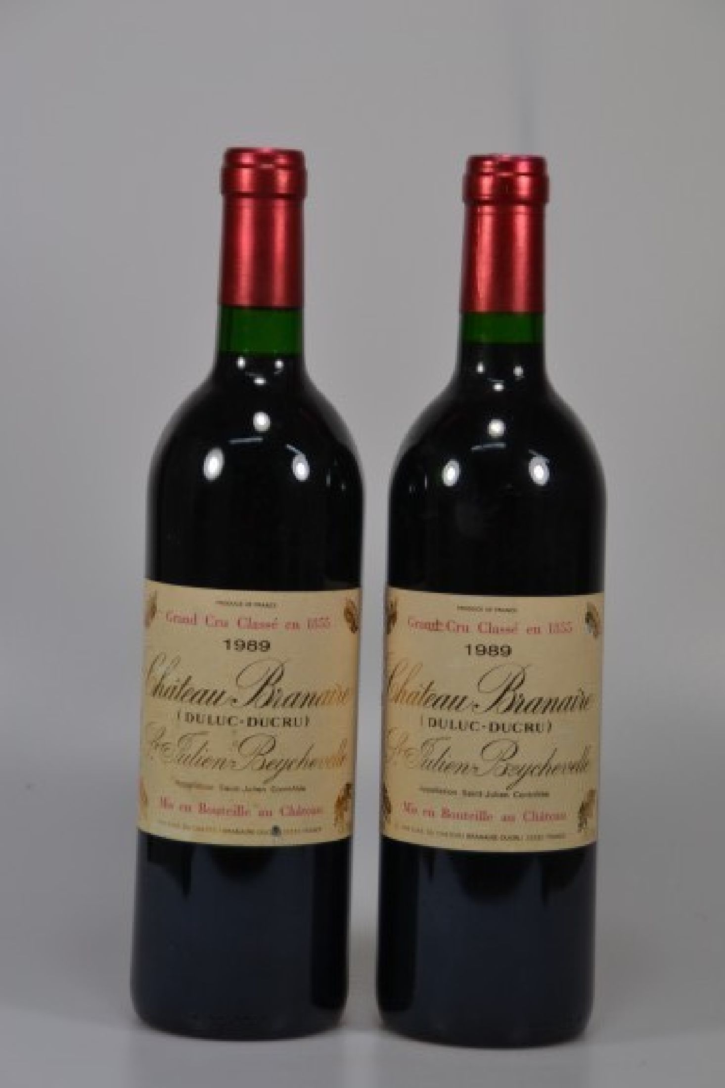 2 Flaschen 1989 Chateau-Brannaire, St. Julien Beychevelle, Grand Cru Classe, je 750ml, 12 ,5% Vol., mind. Into Neck, unverkostet